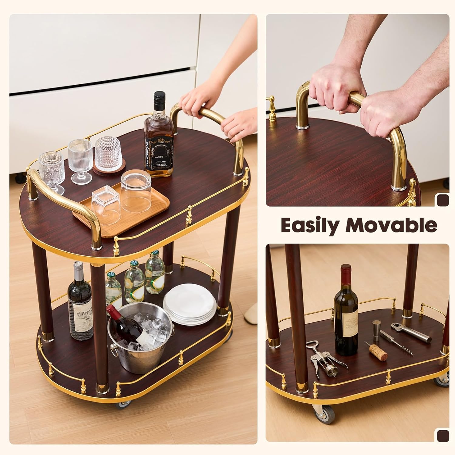 Bar Serving Carts Business Restaurant Wine Cart, Drinks Trolley On Wheels, Liquor Trolley | Serving Trolley for 5 Star Hotel and Club Bar Drinks Serving Tea Carts ﻿(Brown)