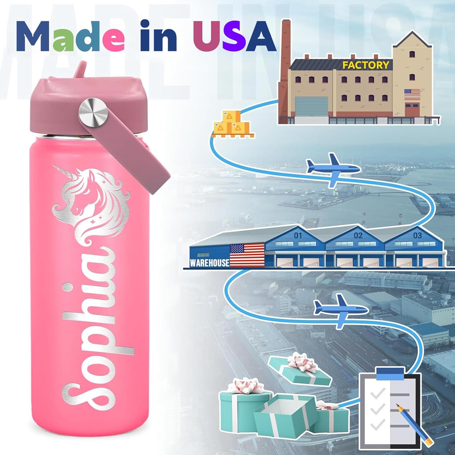 Made in USA - Personalized 18oz Kids Water Bottle for School w/Engraved Name - Custom Thermos Kids Water Bottle with Leak-Proof Lid - Personalized Gifts for Boys Girls Toddlers - BPA-Free (PINK) - Image 3