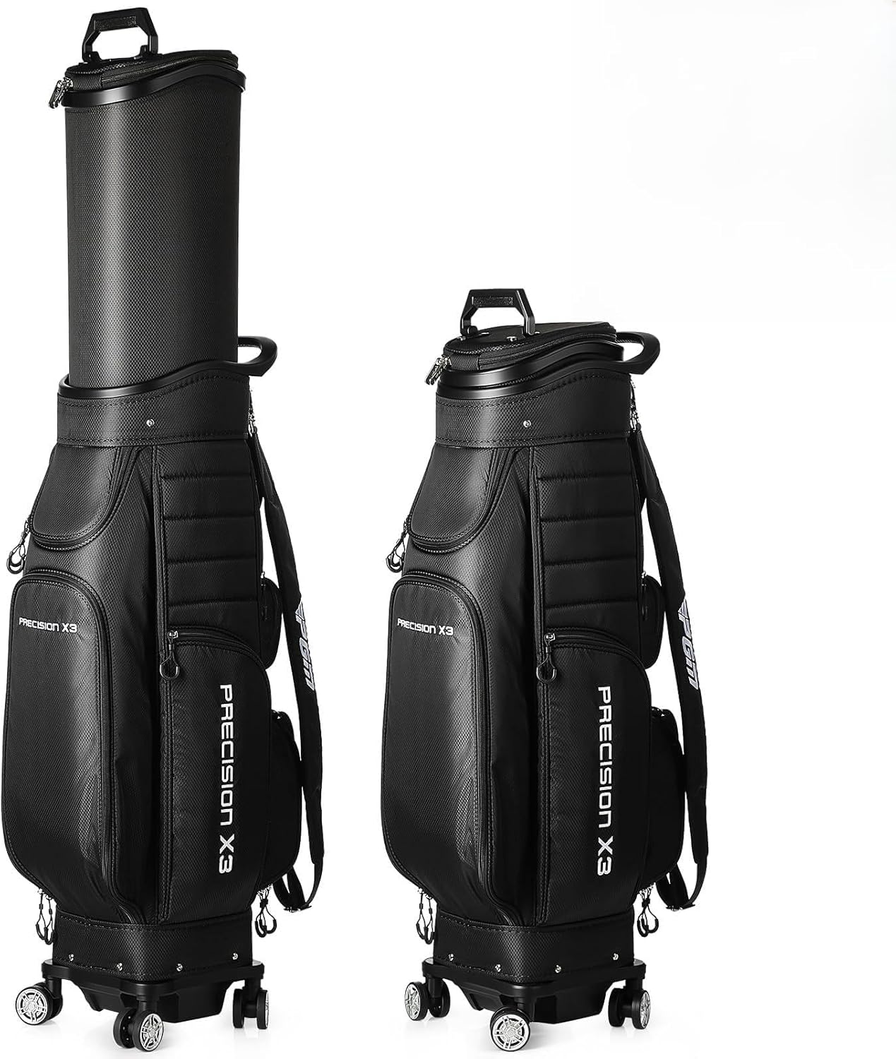 Retractable Golf Bag with Wheels, 4-Wheel Rolling Golf Travel Case for Carts & Airports, Large Capacity Holds 14 Clubs, Heavy Duty 8-Slot Divider, Water-Resistant Nylon with Multiple Pockets, Black