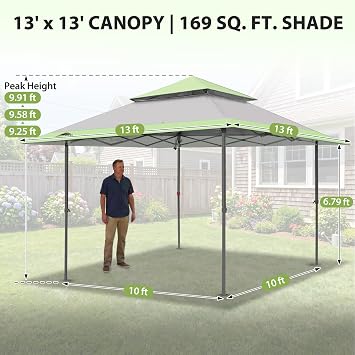 EAGLE PEAK 13x13 Pop Up Canopy Tent, Auto Extended Eaves, Gray