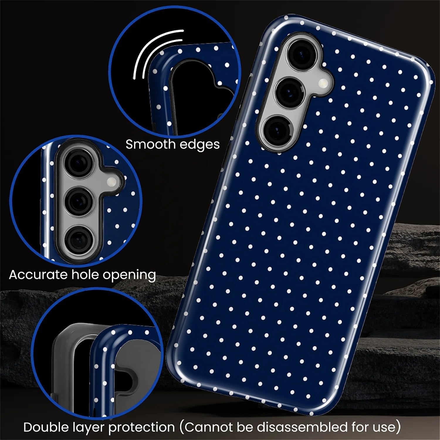 Case for Samsung Galaxy S25, Hybrid Heavy Duty 2 in 1 Full Body Rugged Shockproof Protection Glossy Case for Samsung Galaxy S25 Polka Dot Aesthetics Navy Blue - Image 4