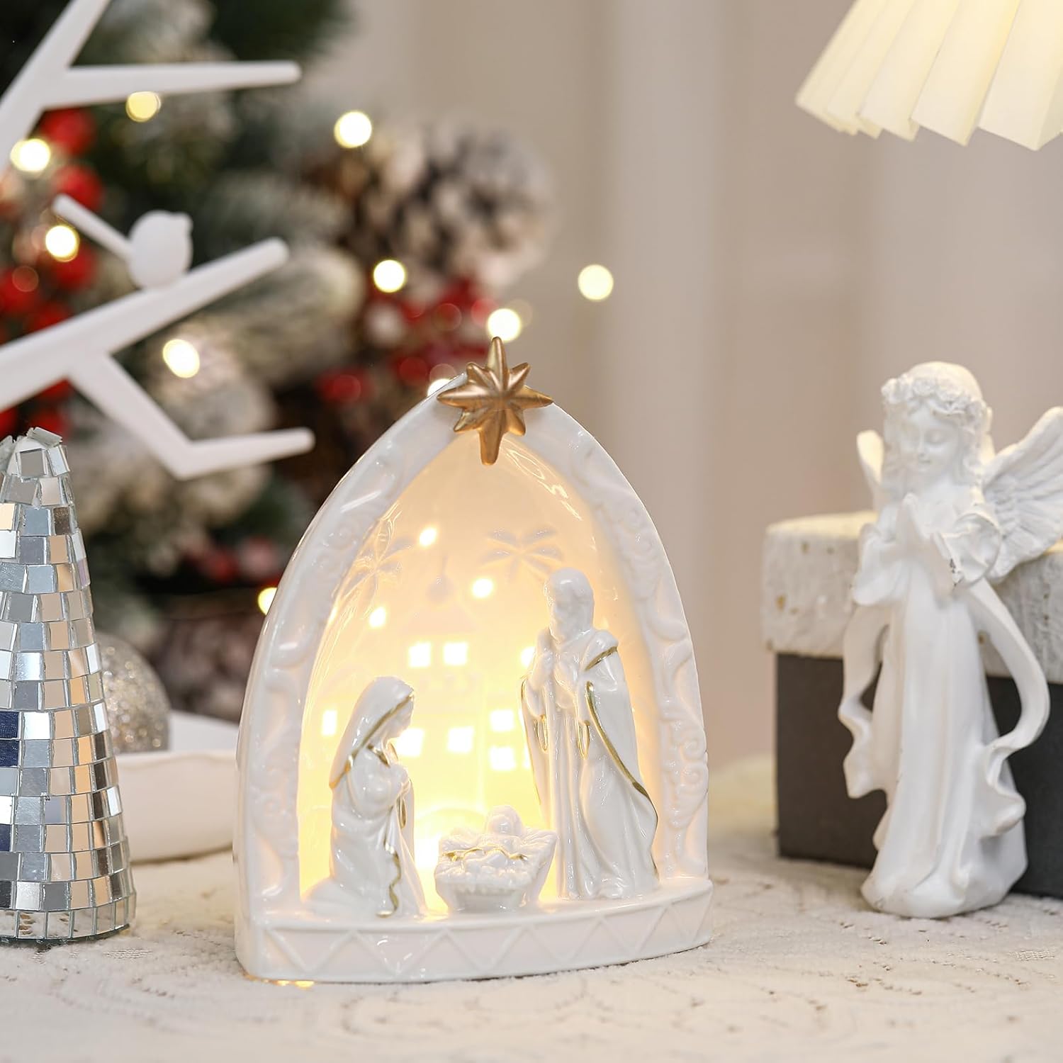 Cindeer Nativity Set for Christmas Indoor,Ceramic Nativity Scene with Light, Porcelain Statue Sculpted Hand Painted Figurine, Holy Family Manger Scene Tabletop Decor Gift(Classic)