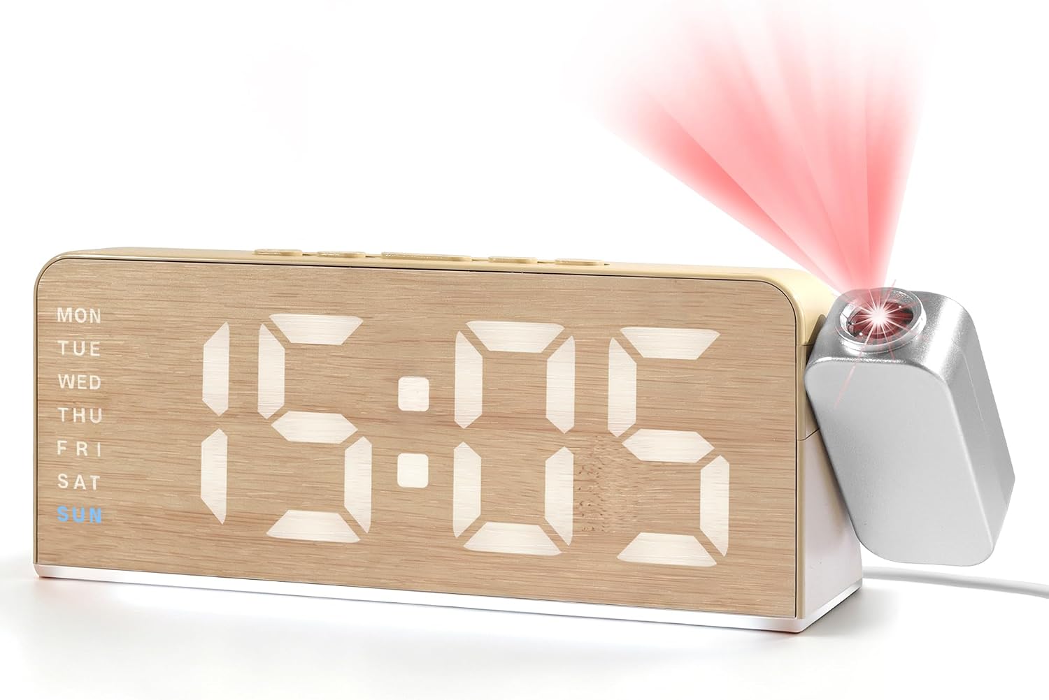 Lafocuse Projection Alarm Clock for Bedroom, 8.2" LED Display Wood Grain Plastic Bedside Digital Clock Type-C/Battery Powered with 180° Rotatable Projector, Snooze for Heavy Sleepers Bedroom Office