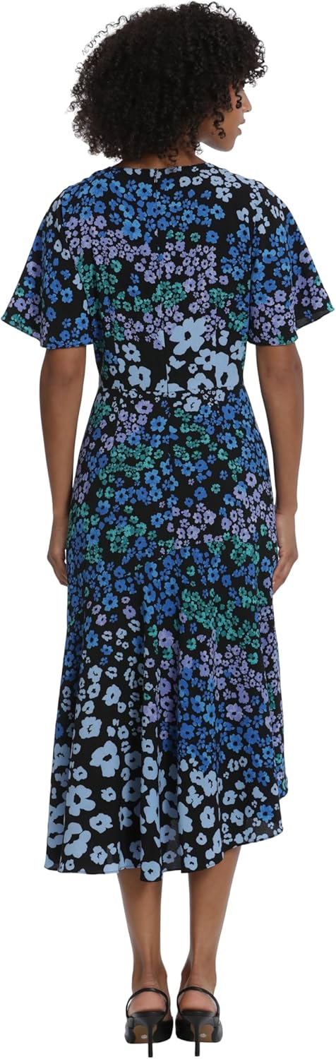 Maggy London Womens Short Flutter Sleeve Fit and Flare Dress with Asymmetric Hem Tier - Image 3