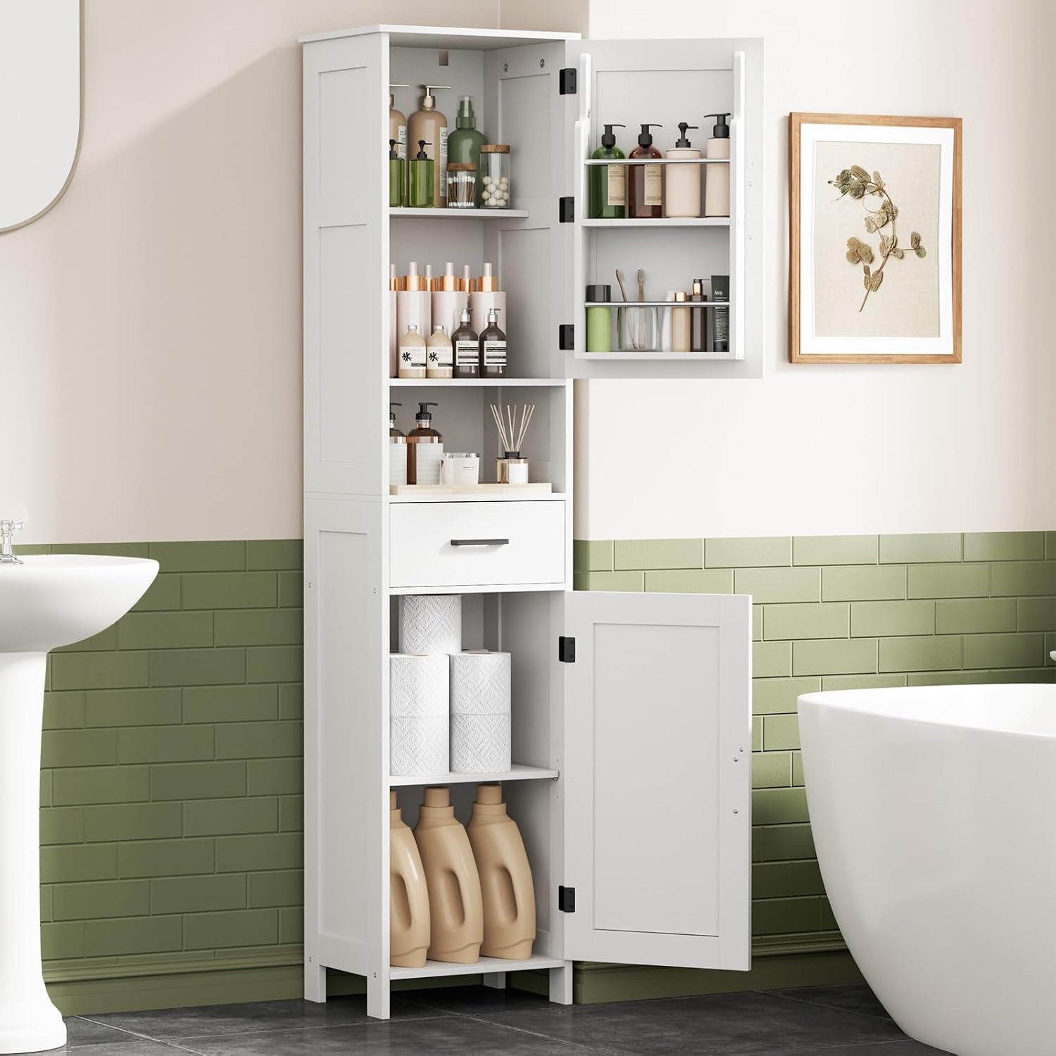 67" Tall Bathroom Storage Cabinet, Farmhouse Kitchen Cabinet with Adjustable Shelf and 2 Doors, Narrow Floor Cabinet for Kitchen, Bathroom, Dining Room, Laundry Room, White