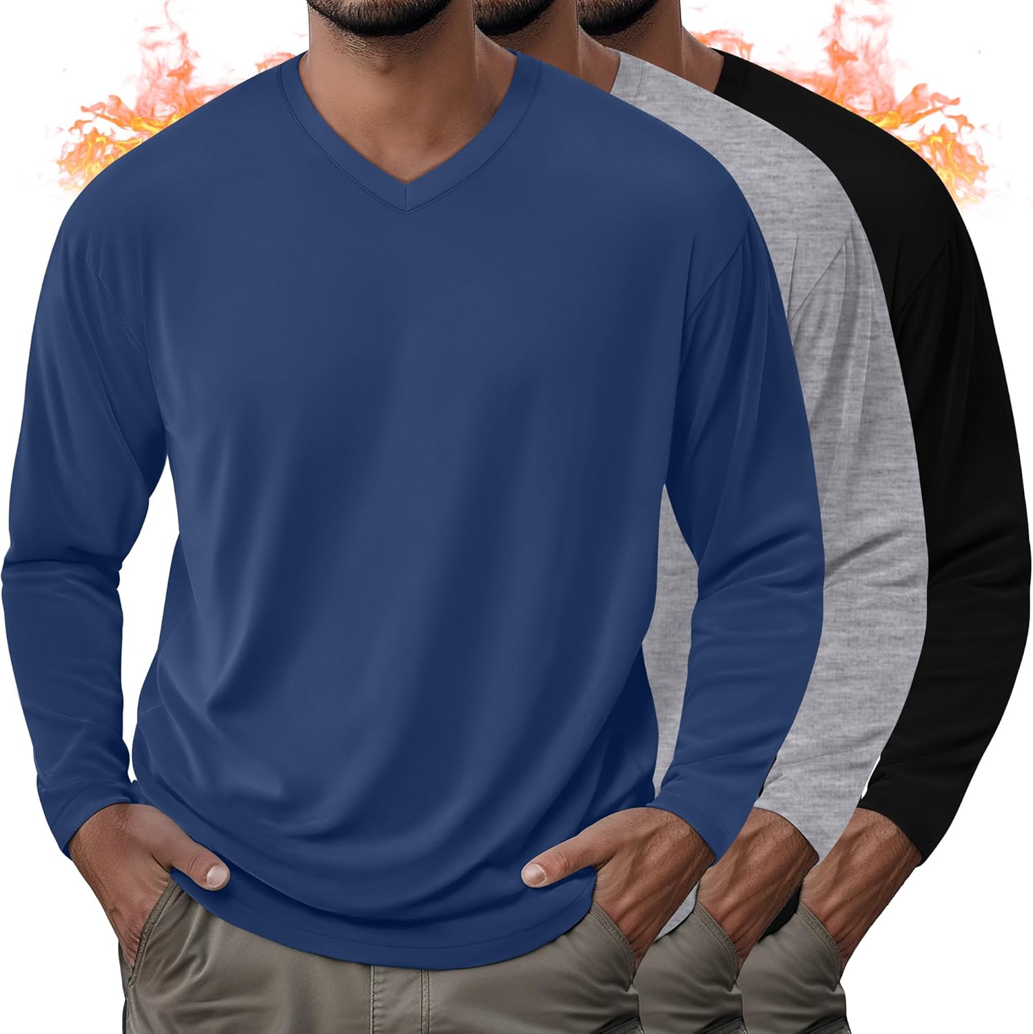 3 Pack Men's Thermal Long Sleeve Shirts V Neck Fleece Lined Loose Fit Warm Base Layer Winter Casual Tops