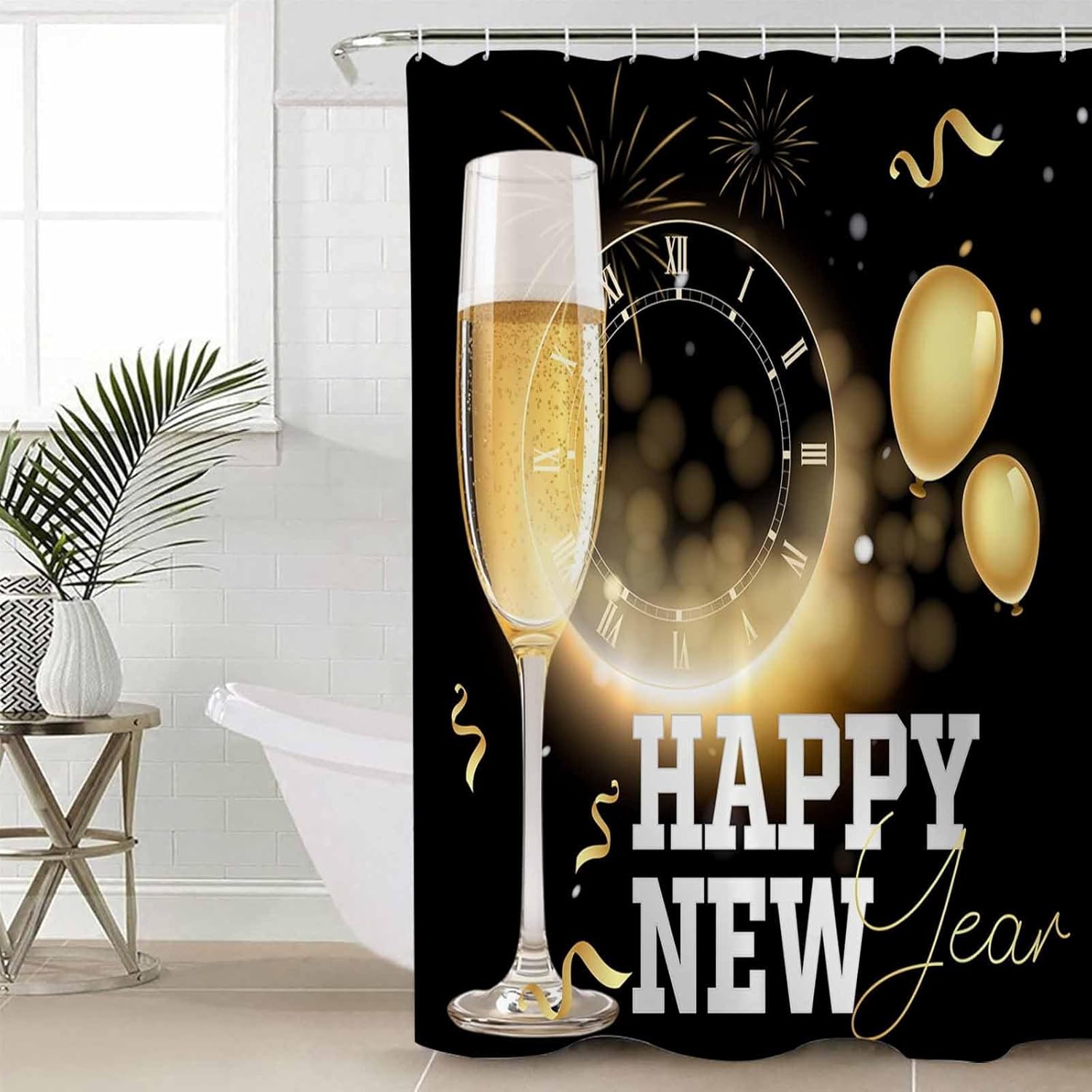 Happy New Year Waterproof Shower Curtains Set - Standard 72 x 72 Inch, Yellow Celebration Ballon Ribbons Clock Polyester Fabric Bathroom Curtain with 12 Hooks, Bathroom Accessories, 1 Panel