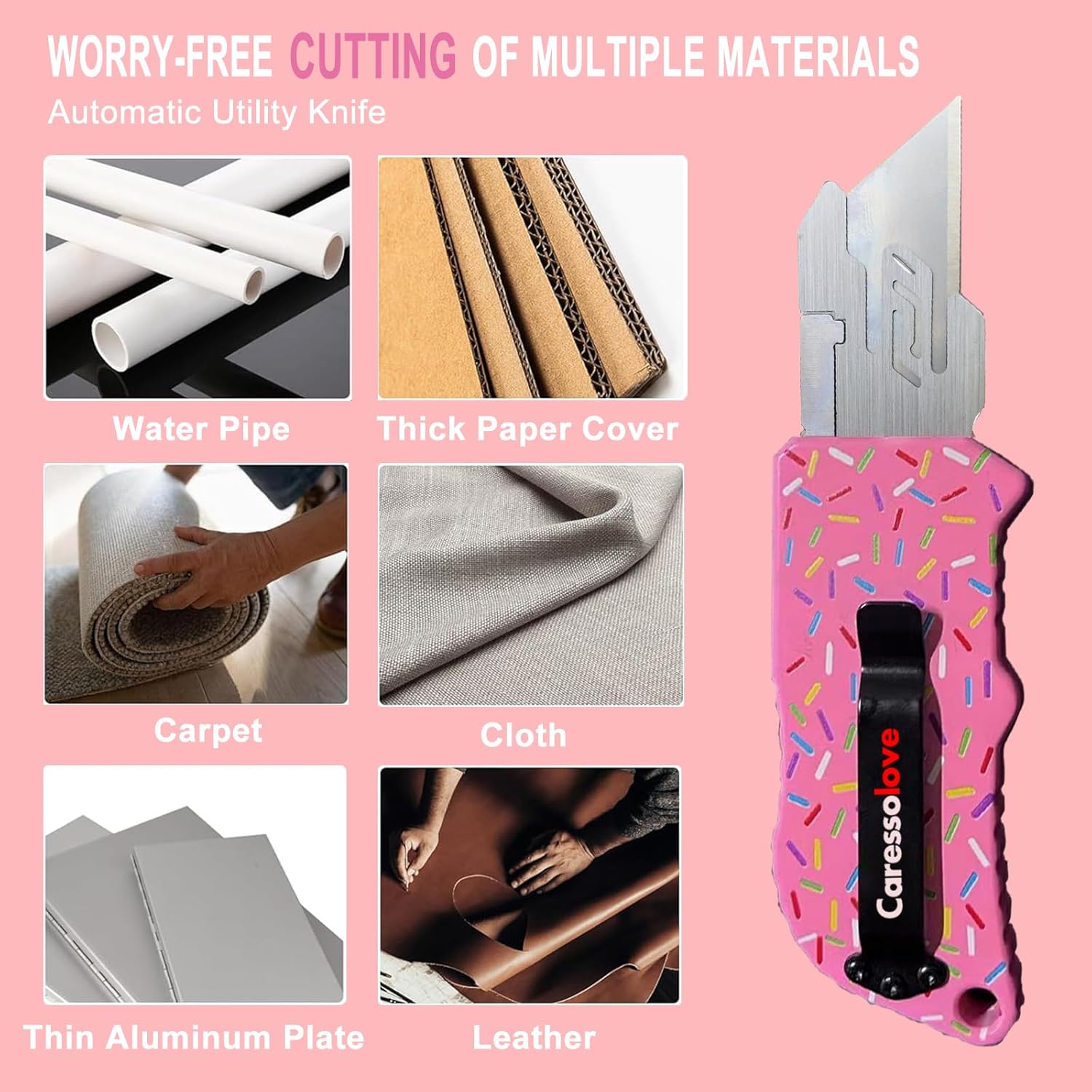 Caressolove Automatic Utility Knife, Premium Pink Retractable Box Cutter, Cute Aluminum Alloy Heavy Duty Pocket Knife, Safety Replaceable Blade EDC Razor Knives with 5PCS Blades