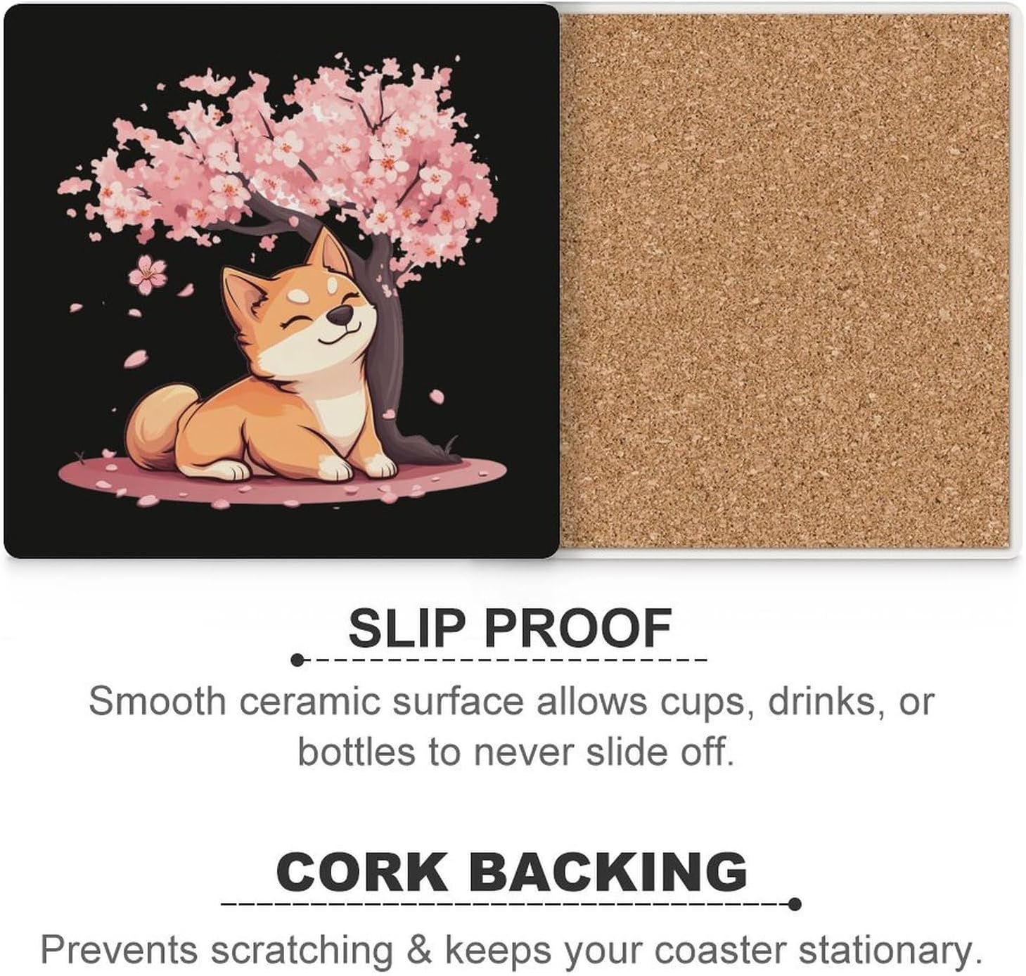 Shiba Inu Dog Japanese Cherry Flower Coasters for Drinks Square Table Coasters Set Cup Mats with Cork Base