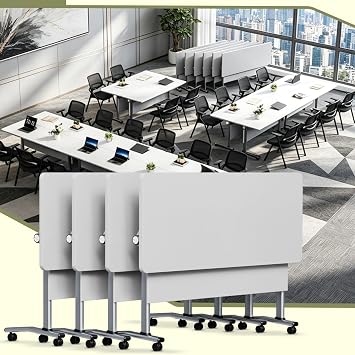 Folding Conference Room Table, Modern Conference Tables with Wheels for Office Classroom,Flip-Top Training Table Water-Resistant P2 Particle Board & Anti-Corrosion Alloy Frame 4, White, 55.2