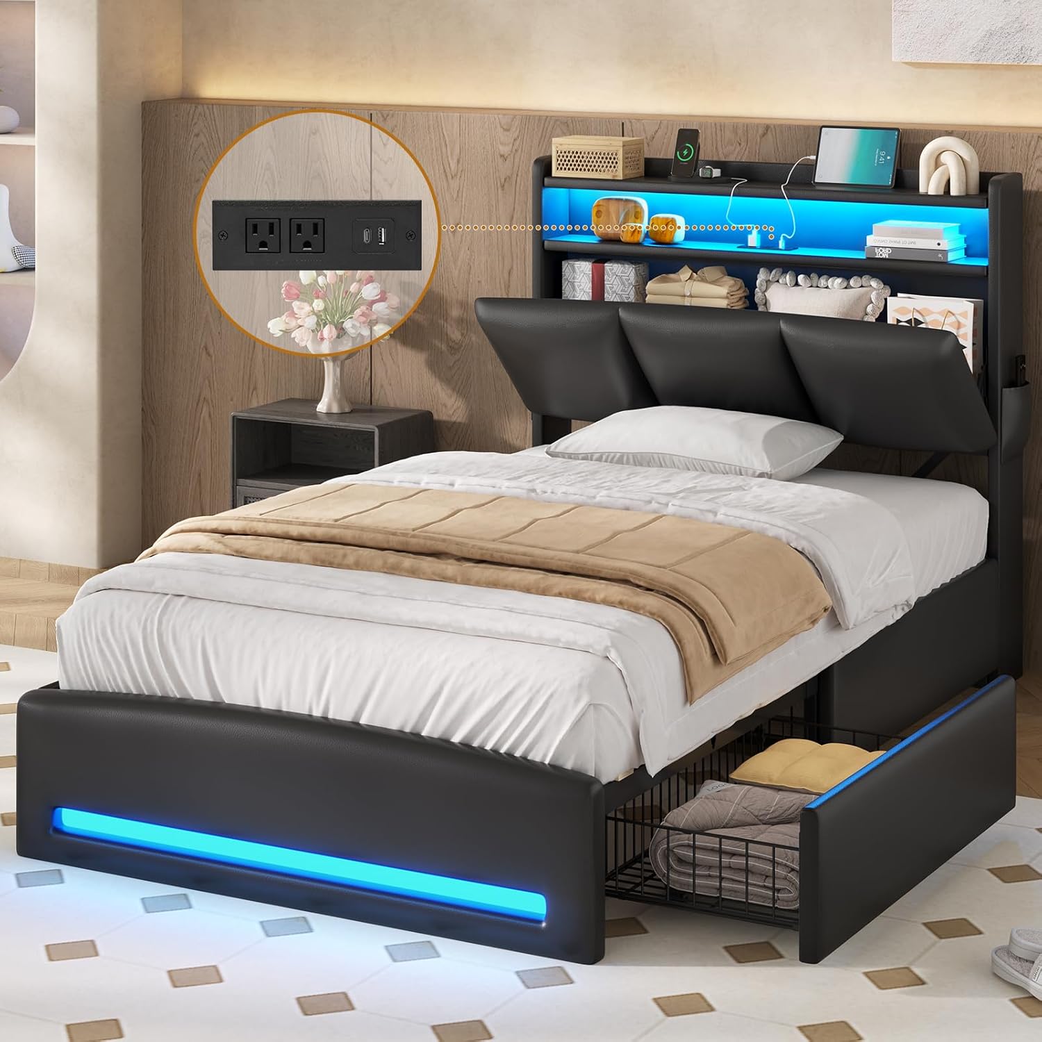 MSmask Twin Bed Frames with Storage Headboard & Charging Station, LED Twin Bed with 4 Drawers, Leather Upholstered Platform Bed Frame with Curved Lines, No Box Spring Needed, Black