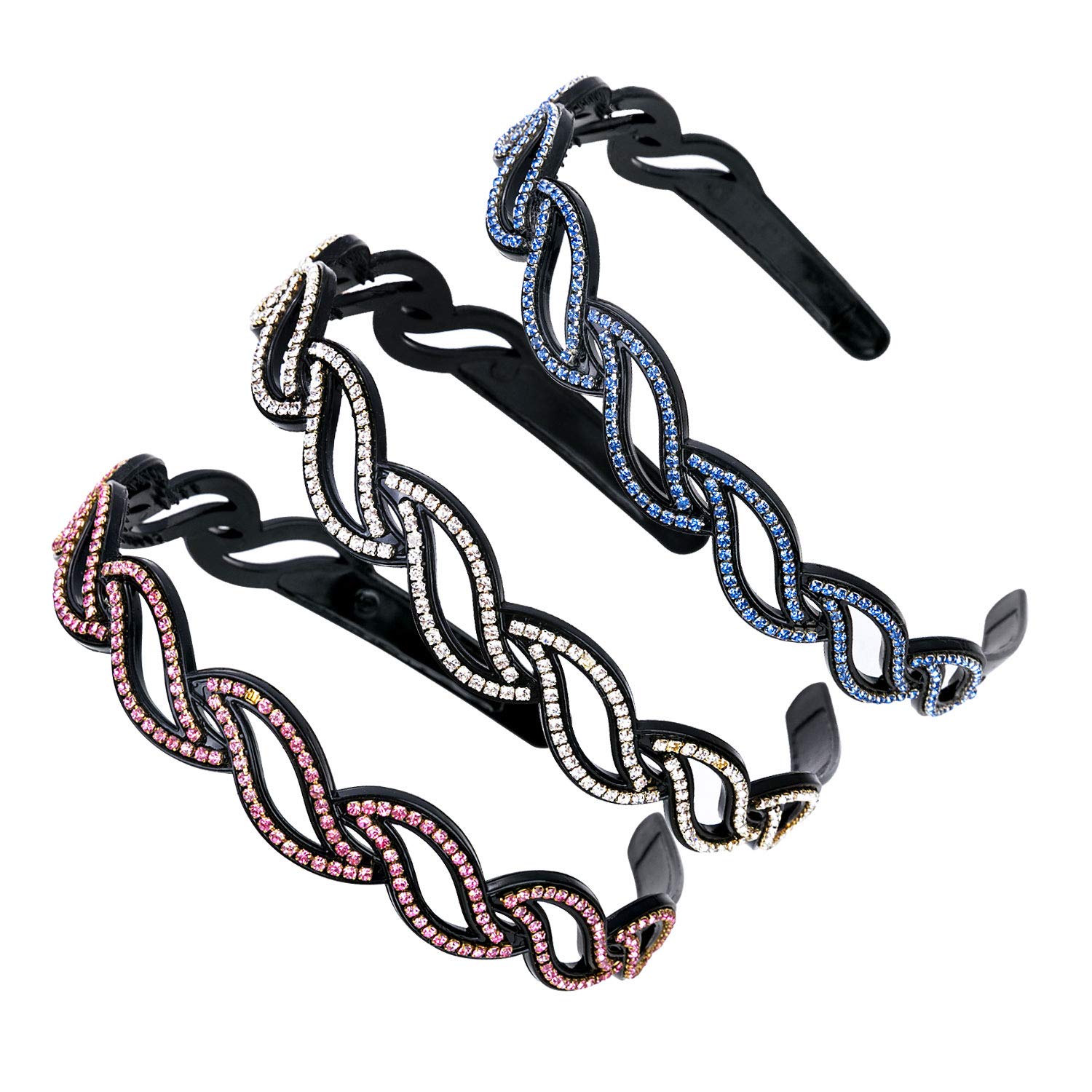 3 Pcs Rhinestone Crystal Hard Headbands, Double Row Non-Slip Teeth Stretchy Plastic Headband, Comfortably and sparkly Hair Band for Women Girls Lady Hair Accessories Tool