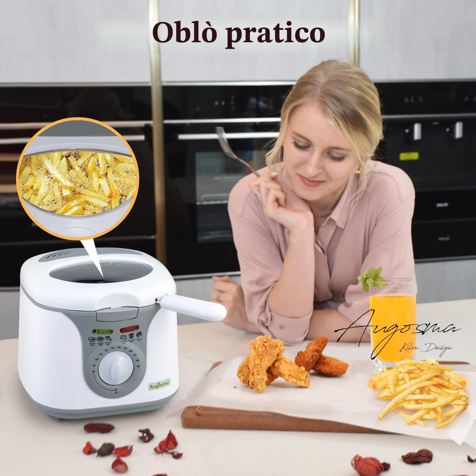 Augosoma Friggitrice ad olio 850-950 W, Friggitrice Elettrica Piccola 2 Litri con Oblò, Cestello in Acciaio Rimovibile Lavabile, Temperatura Regolabile, Piedini Gommati Antiscivolo, Bianco