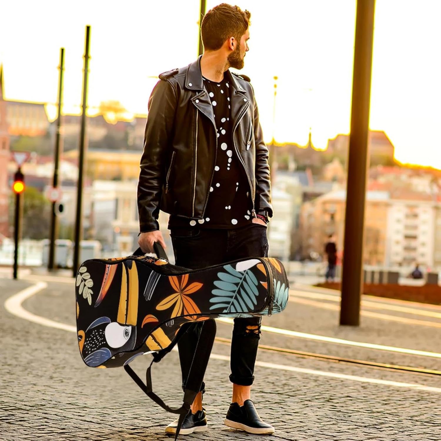 40 41 42 Inch Guitar Bags, Waterproof Padded Acoustic Guitar Case Backpack with Adjustable Shoulder Strap & Pockets, Cute Toucan Birds and Leaves Pattern