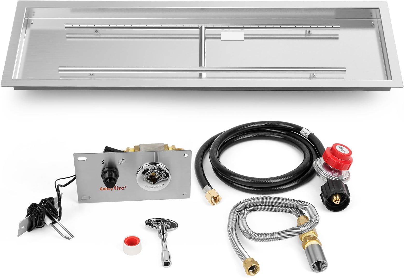 48 x 14 Inch Drop-in Fire Pit Pan Kit, Rectangular Stainless Steel Propane Gas Firepit Pan Kit with H Burner, Spark Ignition and Propane Hose Kit for Indoor or Outdoor DIY Fire Pit Fireplace