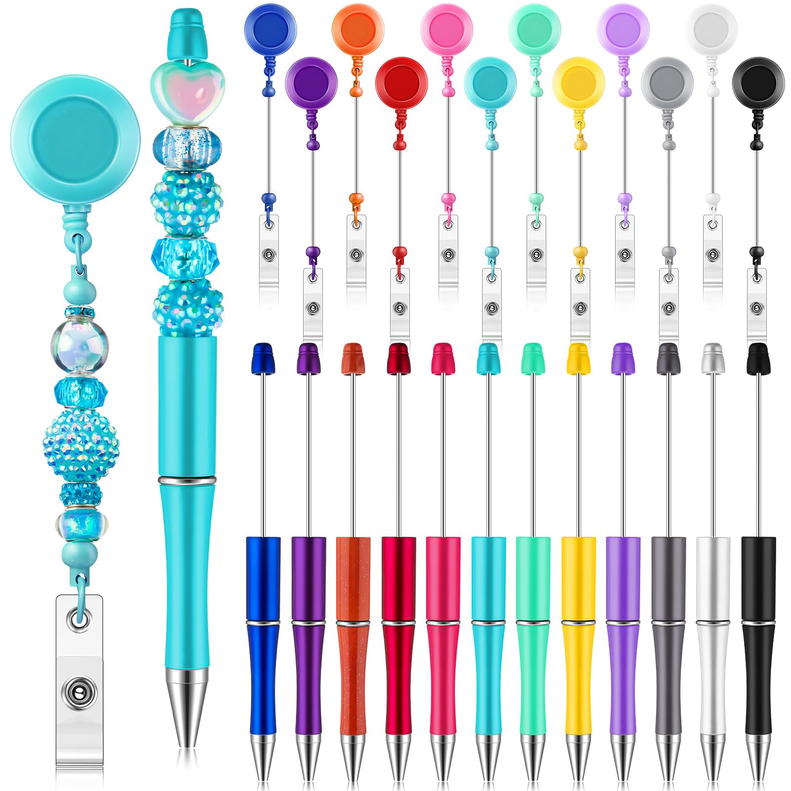 Sayglossy El kit de 24 piezas de cuentas incluye 12 bolígrafos con cuentas de tinta negra, 12 cuentas, carrete de identificación retráctil con soporte de clip para cinturón para enfermera, profesor,