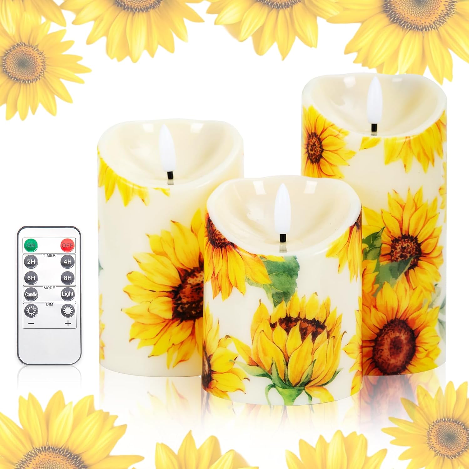 3 Pcs Sunflower Flameless Candles Battery Operated LED Candles Flickering Pillar Sunflower Floral Printed Faux Candle Housewarming Gift for Monther's Day Wedding Home Party