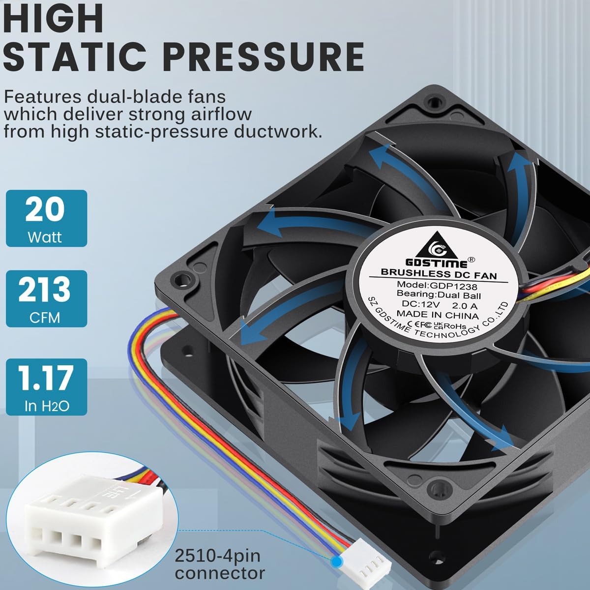 GDSTIME 120mm x 38mm 12V PWM Fan 4-Pin, High Static Pressure 120x120x38mm PC Computer Case DC Brushless Cooling Fan Dual Ball Bearing