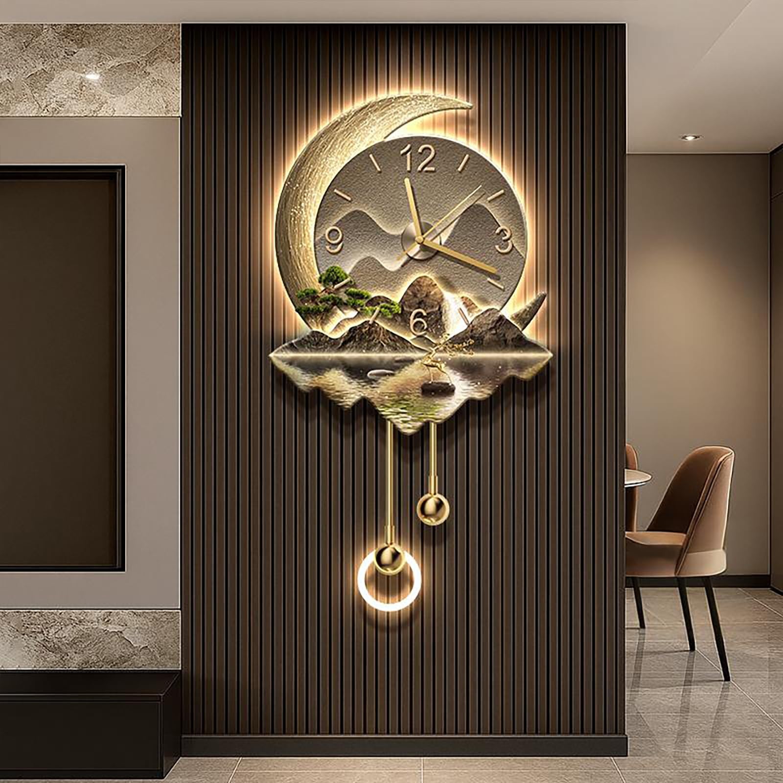 3D Wall Art Decor Clock, Wall Hanging Sculpture Painting with LED Light, Fake Tree Moon, Acrylic Crystal Porcelain Craft, for Living Room/Bedroom/Office/Bathroom(Brown2,50 * 87cm/19.7 * 34.2in)