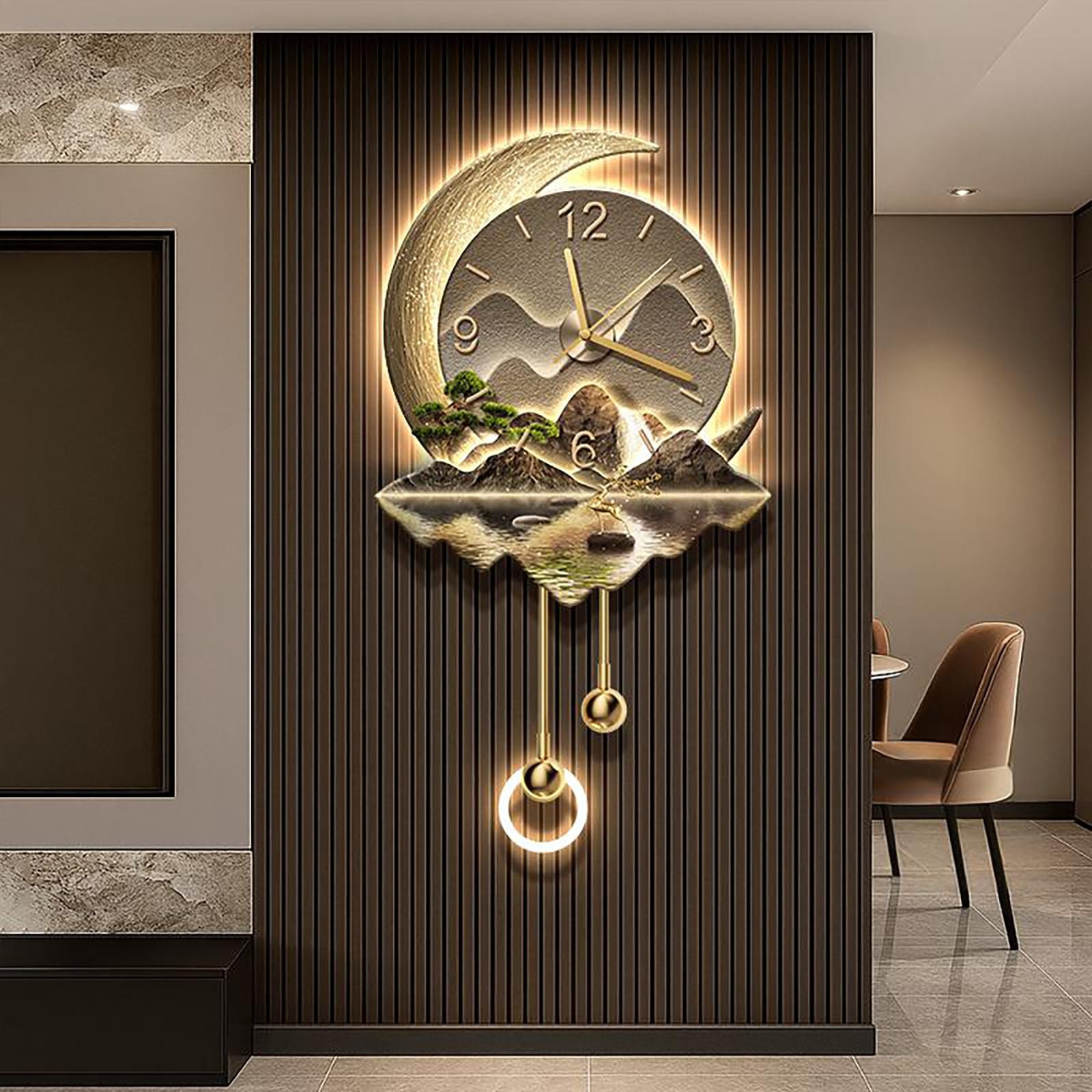 3D Wall Art Decor Clock, Wall Hanging Sculpture Painting with LED Light, Fake Tree Moon, Acrylic Crystal Porcelain Craft, for Living Room/Bedroom/Office/Bathroom(Brown2,50 * 87cm/19.7 * 34.2in)