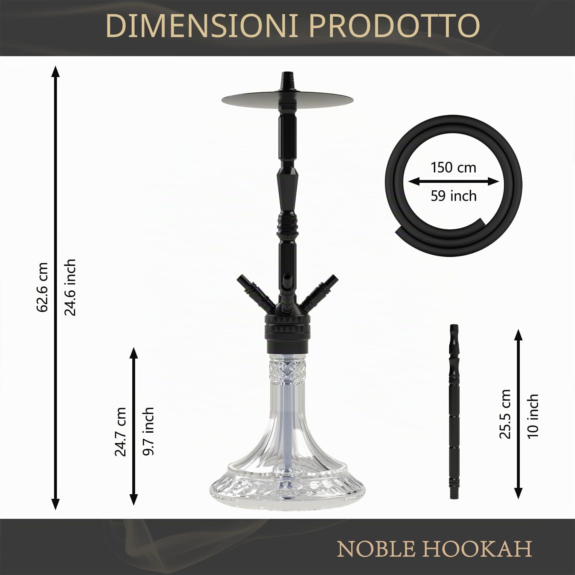 NOBLE HOOKAH 62,6 cm Set Narghilè 4 Attacchi con Testina Narghilè Grande Narghilè in Tubo di Alluminio con Filtro Melassa in Alluminio, Dotato di 4 Tubi in Silicone e Maniglia