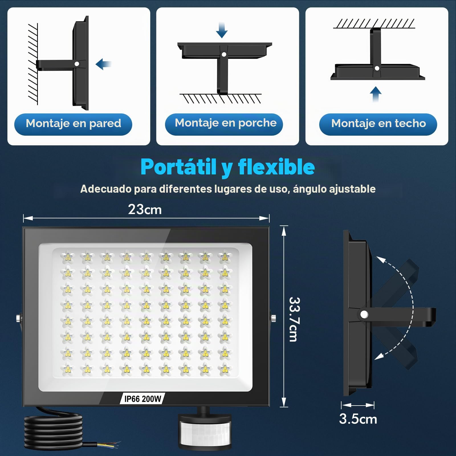 Foco LED de 200 W con sensor de movimiento para exteriores, 20 000 LM,con mando a distancia,blanco frío de 6500 K, superbrillante,resistente al agua IP66,para jardín,garaje y patio