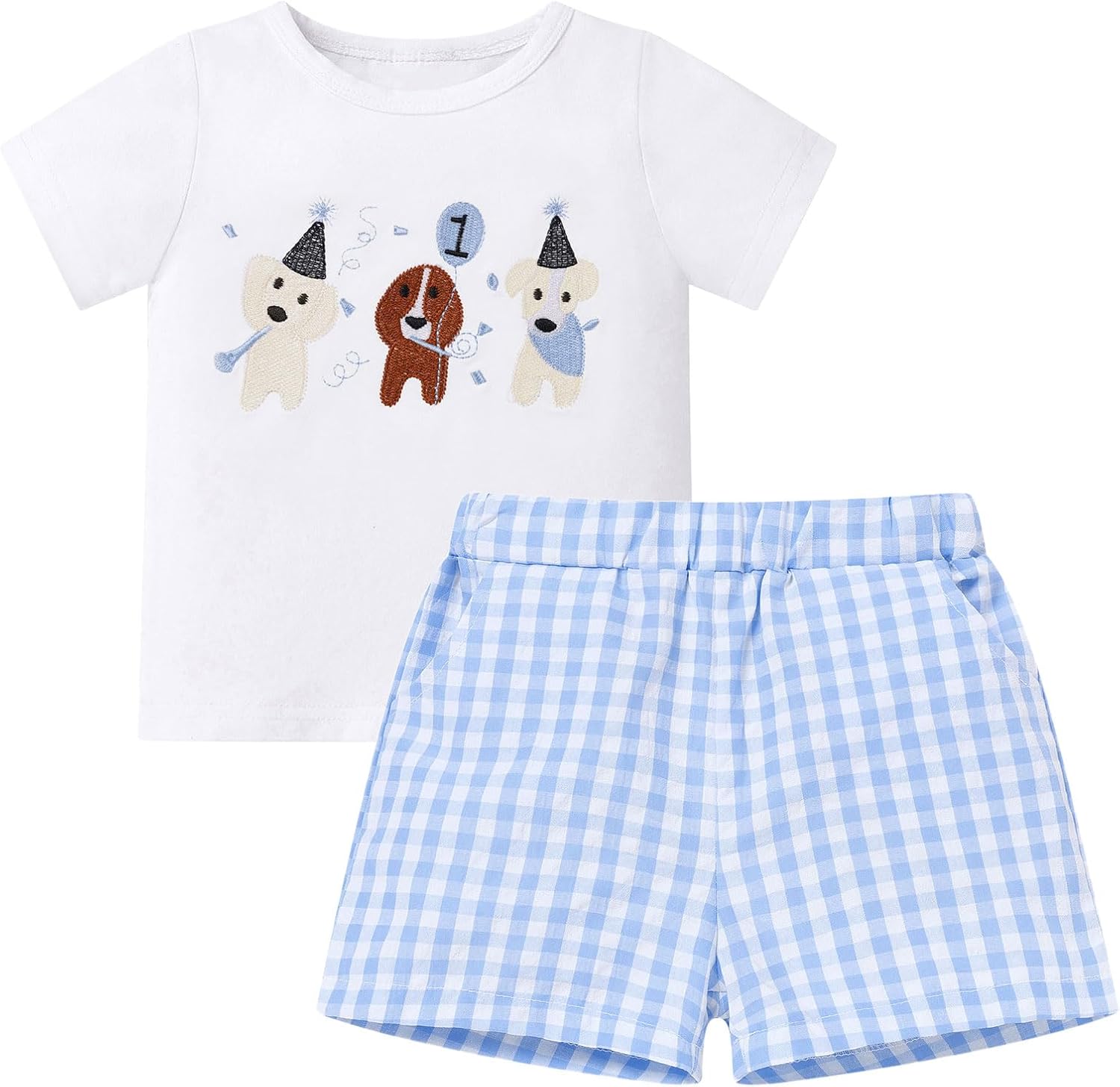 FYMNSI Baby Boys 1st Birthday Outfits Embroidered Short Sleeve Tee Shirt and Gingham Shorts 2PCS Toddler Cake Smash Clothes