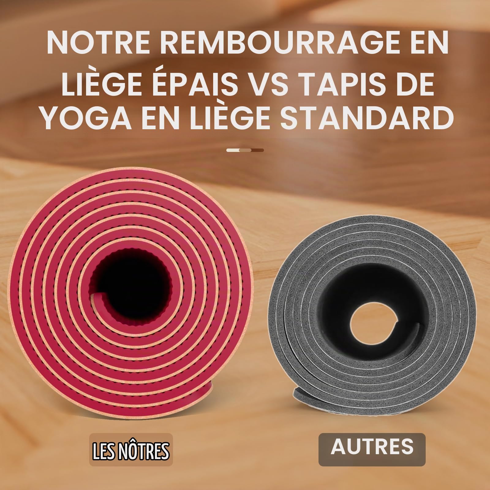 Tapis Yoga Liege Naturel 100% Tapis d'exercice Ecologique Haute Densité183X61X0.4Cm avec Sangle De Transport pour La Maison, Le Pilates,Le Gymnase Et L'Entraînement-Bordeaux-Libellules