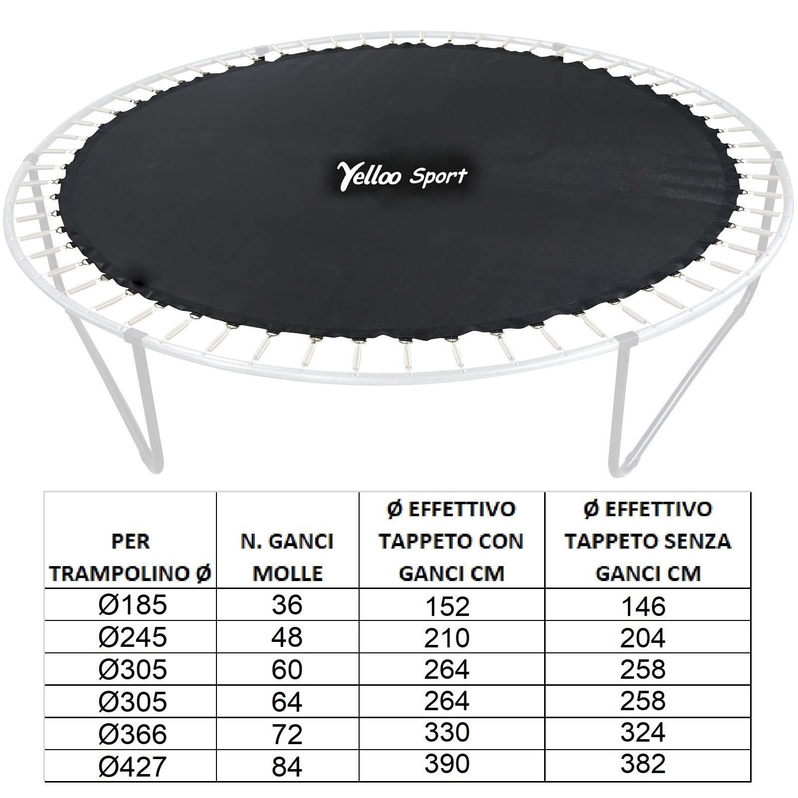 yelloo - Tappeto Elastico di Ricambio per Trampolino (Diametro: 185, 245, 305, 366, 427) Telo Elastico per Ricambio Trampolino, Accessori Ricambi per Trampolino Elastico, Certificato CE TUV GS