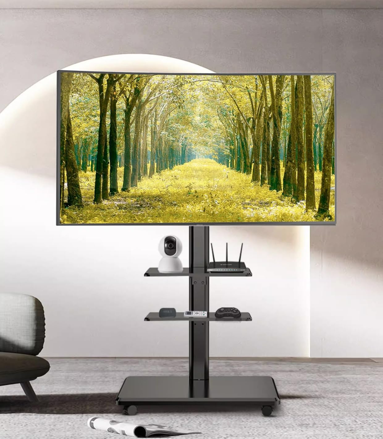 Mobile TV Stand, Universal Floor Stand for 26-70 Inch TVs up to 88 lbs, Height Adjustable With Swivel, Floor Mount With Storage Shelf and Wheels, Max VESA 600x400mm (2 Tray)