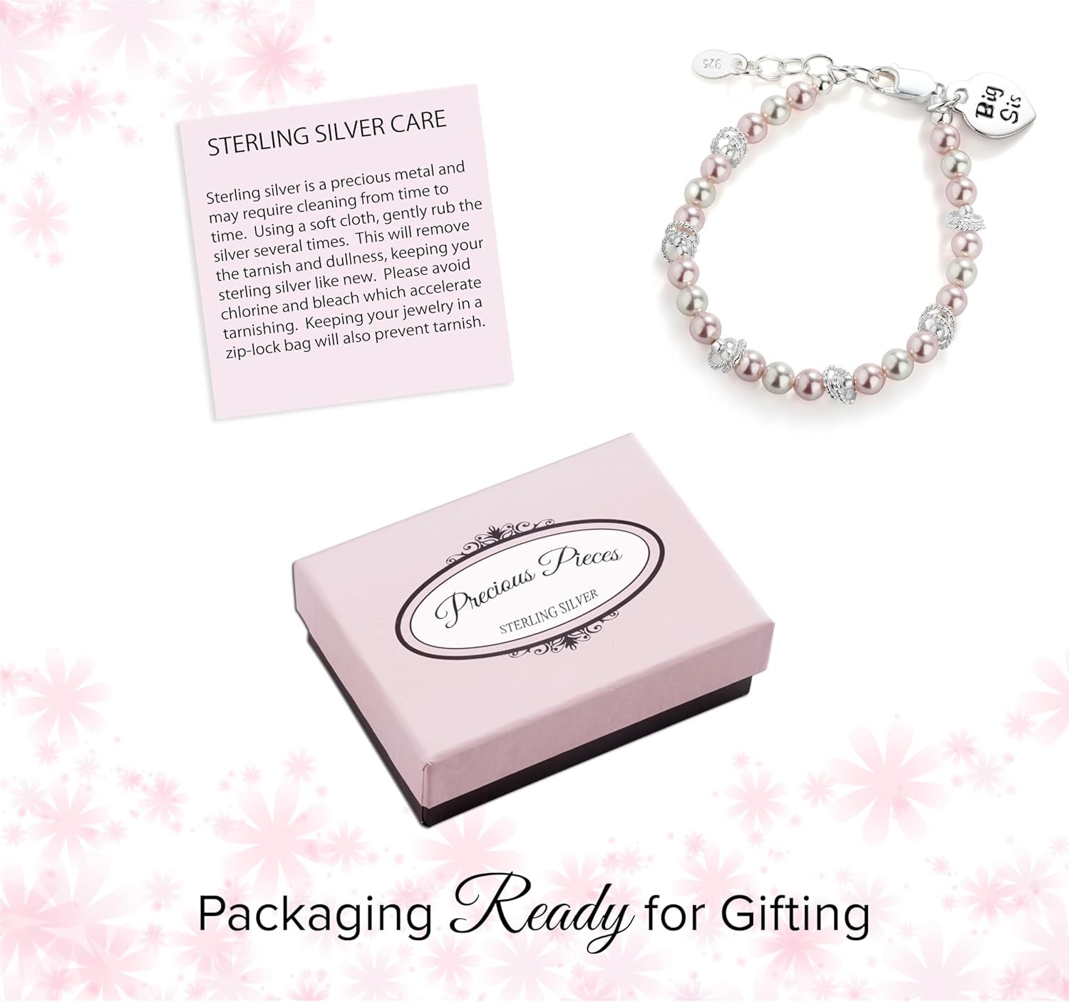 Precious Pieces Children's 925 Sterling Silver "Big Sis" or 'Lil Sis' Bracelet with Simulated Pink Pearls, Matching Sisters Jewelry