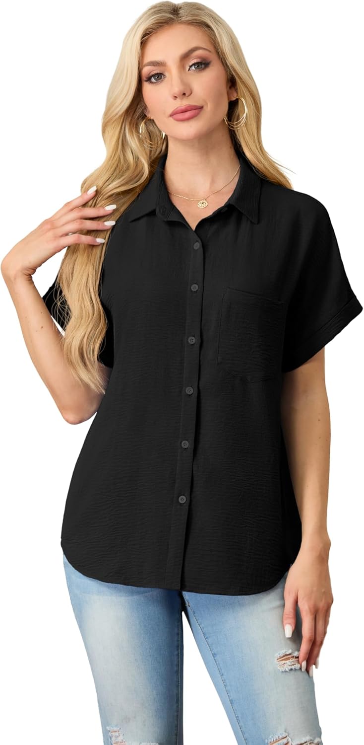 Button Down Short Sleeve Shirts for Women V Neck Loose Roll Up Collared Shirt Casual Summer Tops with Pockets - Image 2