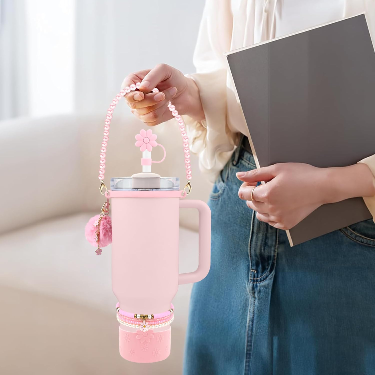 Cup Accessories for Stanley Cups 40/30oz,Including Straw Topper Cover 10mm(0.4in),Silicone Cup Boot,Strap,Flower Handle Charms for Stanley Cups Tumbler Accessories with Handle image 4