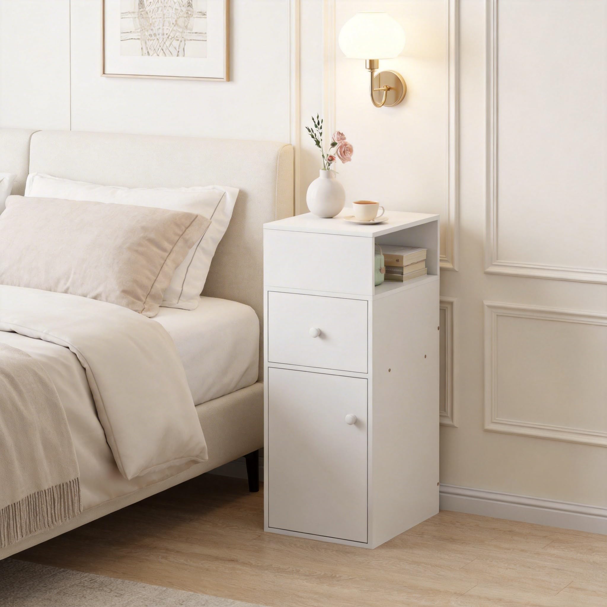 Homullel 25cm Narrow Bedside Cabinet Drawer Slim Bedside Table Small Nightstand Bed Side Table for Bedroom Living Room (1 Drawer+Door Cabinet, White)