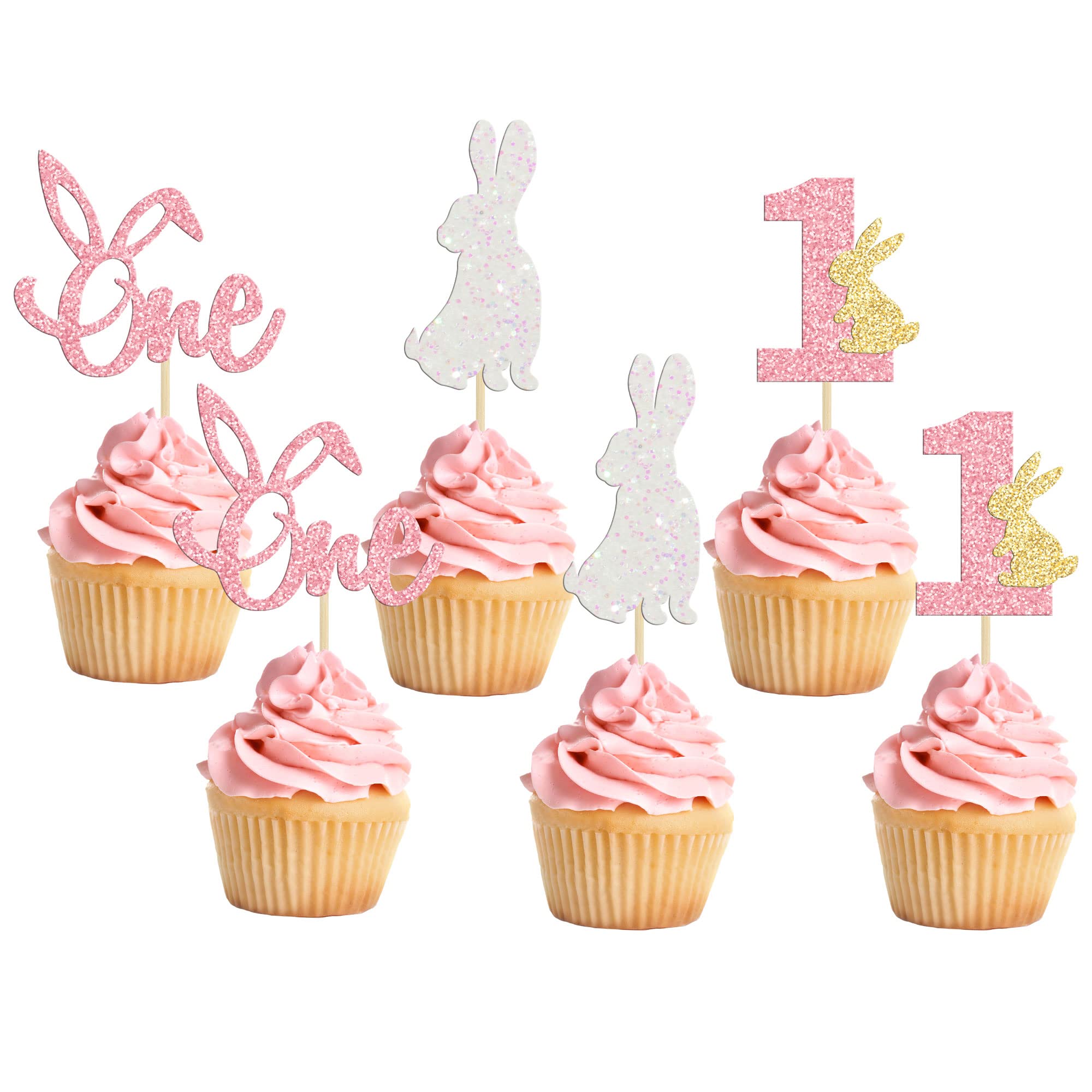 24Pcs Easter Bunny One Cupcake Toppers Some Bunny is One Birthday Decorations Pink Glitter Easter Cake Decorations Bunny Easter Theme Girl Spring