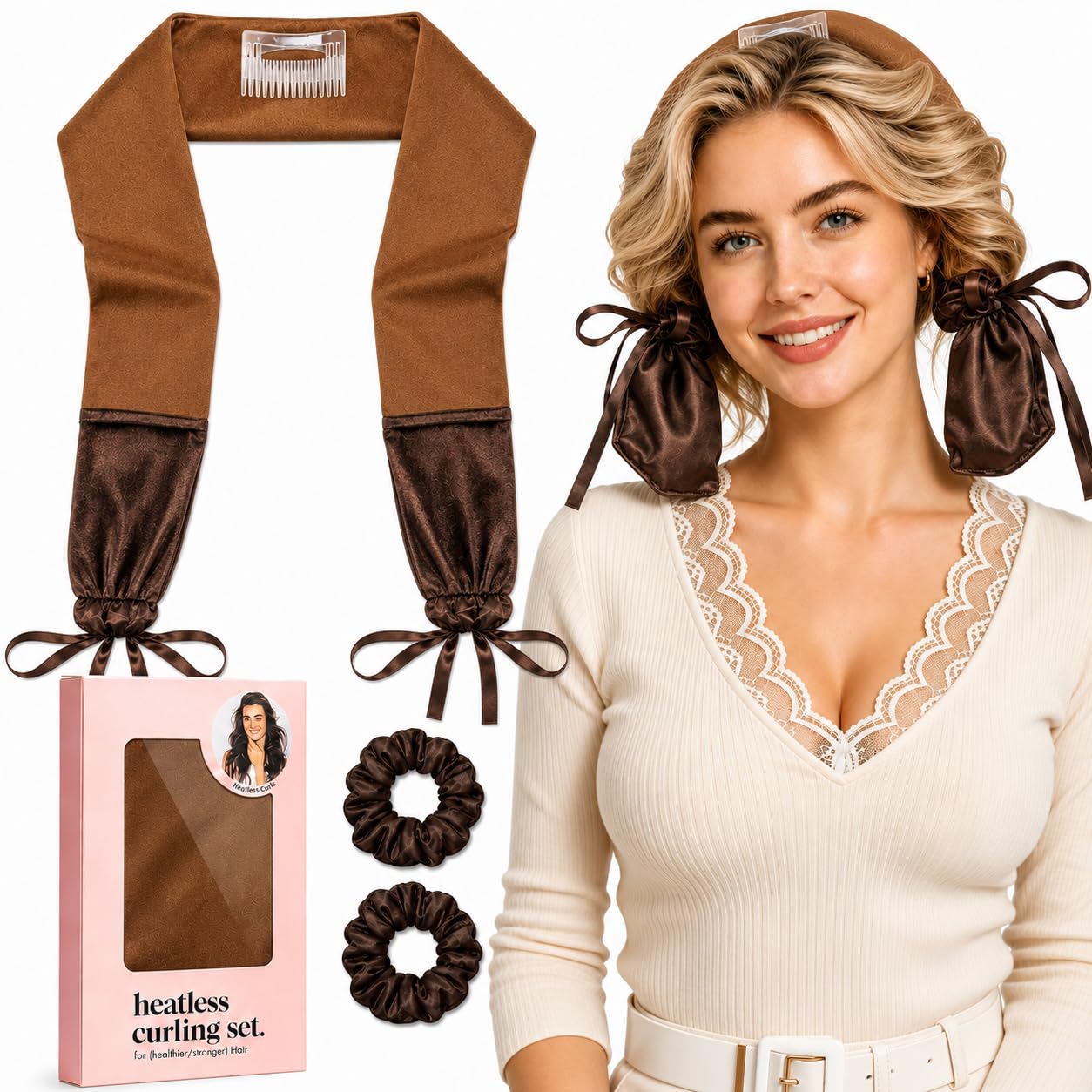 Heatless Curling Overnight Set, No-Heat Hair Curler Headband with Detachable Comb & 2 Scrunchies, Soft Ribbon Curlers for Overnight Natural Waves, Women Long & Medium Hair, Brown