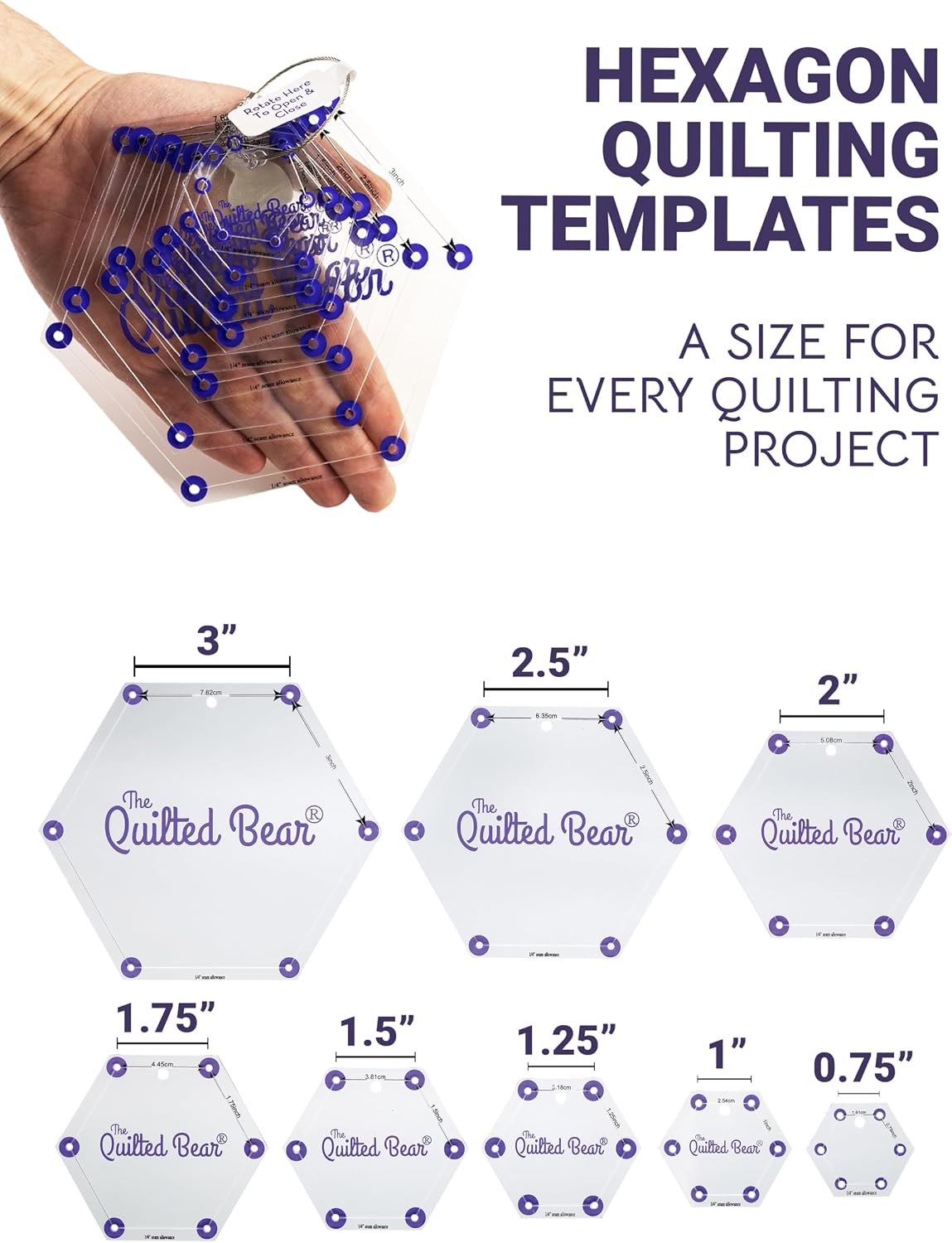 The Quilted Bear Hexagon Quilting Templates – 8 Clear Non-Slip Acrylic Quilt Templates for Precise Fabric Cutting & Stress-Free Machine Quilting - Ideal for Quilt & Sewing Supplies (¾–3")
