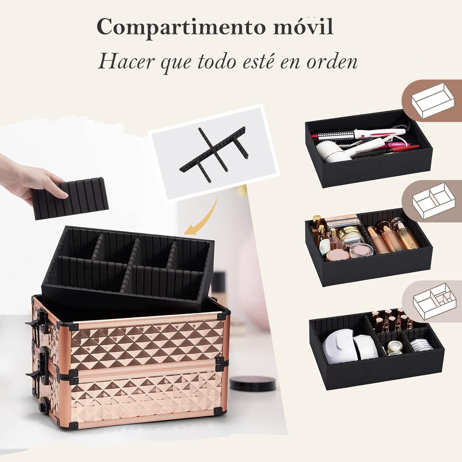 Maleta Maquillaje 4 en 1 Maletin Maquillaje Rueda de Gran Capacidad Caja Maquillaje Maletin de Cosméticos portátil con Cerradura Organizador de Maquillaje, Oro Rosa