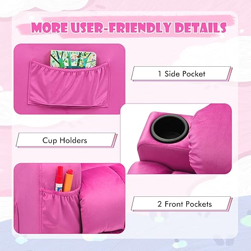 Miniatura 15 de COSTWAY Silla reclinable para niños más grandes, reclinable ajustable con 2 portavasos, 1 bolsillo lateral, 2 bolsillos delanteros, reposapiés,