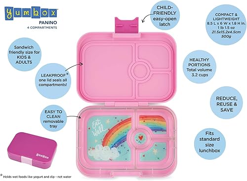 Miniatura 7 de Yumbox Caja Bento Panino a prueba de fugas bento de 4 compartimentos para niños y adultos perfecta para el almuerzo lleno de sándwich compacta 8.5 x