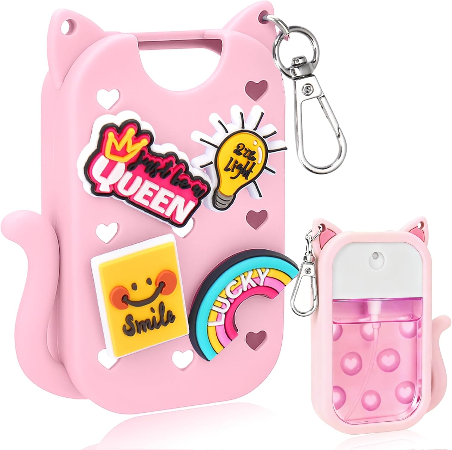 Mity rain Hand Sanitizer Spray Case Compatible With Touchland, Cute Silicone Hand Sanitizer Holder Keychain with 4 Charms, Portable Refillable Sanitizer Accessory, Gift for Women And Teens(Pink)
