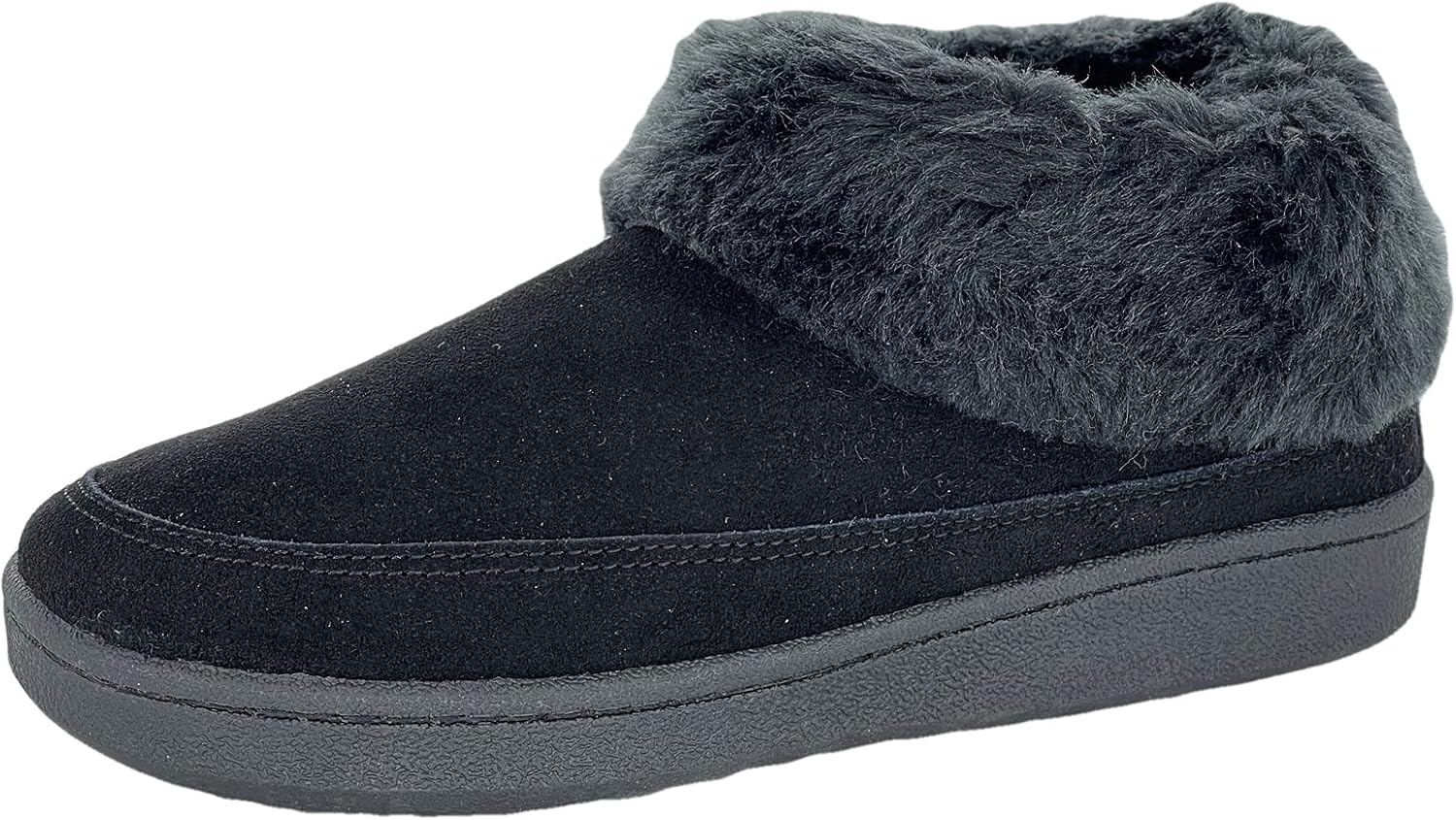Clarks Womens Slipper Suede Ankle Bootie JMH1883 -Plush Faux Fur Collar and Lining - Indoor Outdoor House Slippers For Women (7 M US, Black Suede)