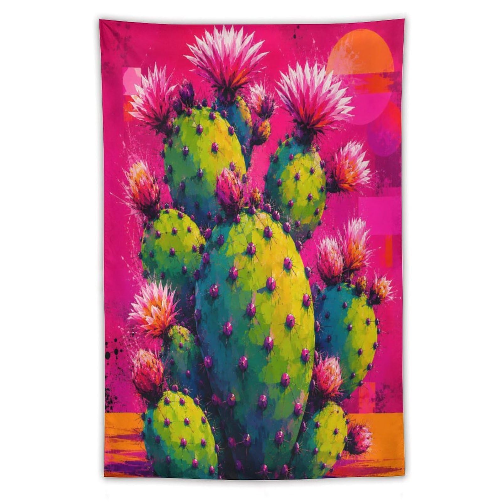 H3B8U2Y5 Pink Cactus Pop Art Wall Tapestry, Color Block Line Art Style, Bed