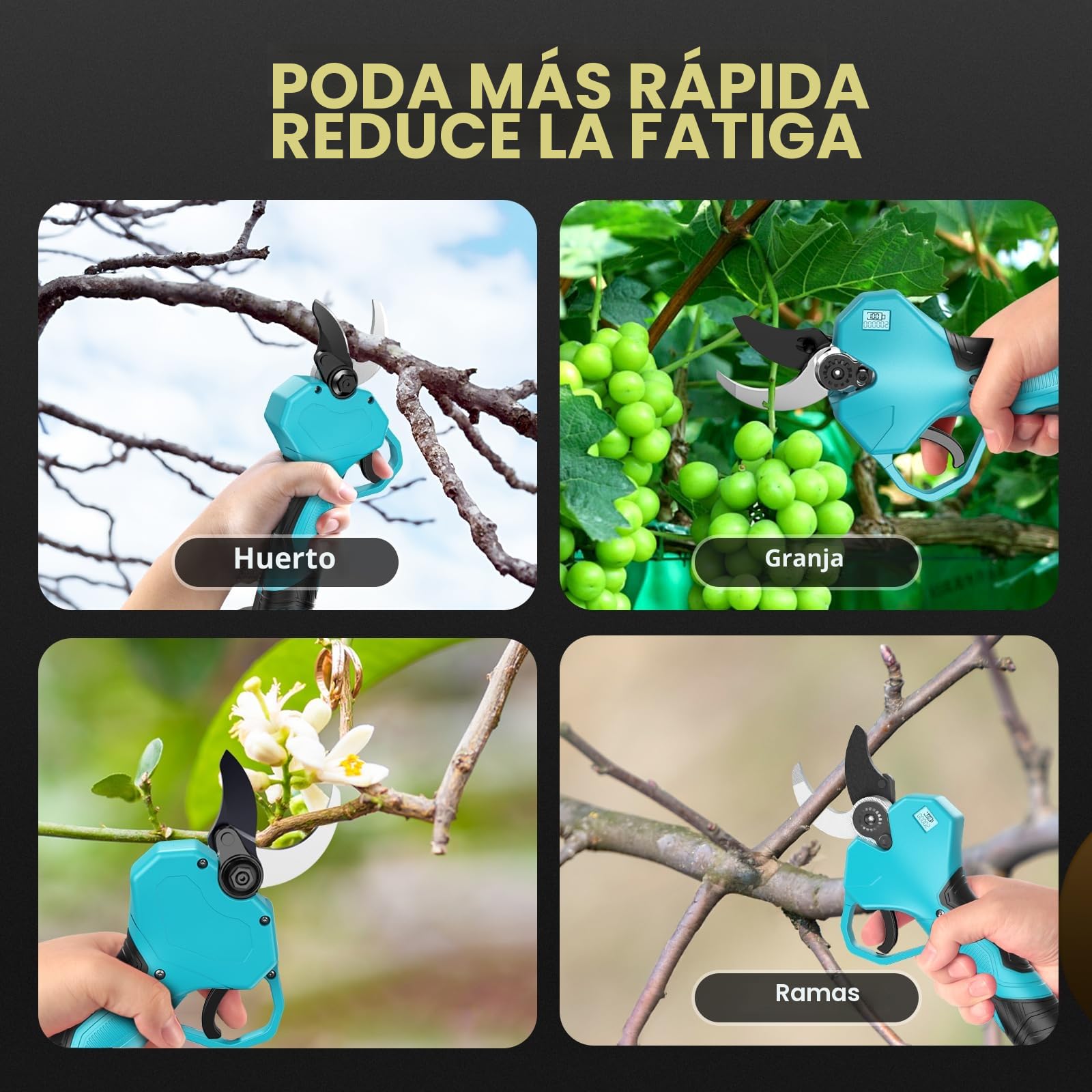 Tijeras de Podar Electricas, Con Mástil Telescópico de 200cm, Apertura de 50mm, 2 * 2000mAh Batería Tamaños de Apertura con Monitor Tijeras de Podar con 1000W Motor Brushless para Jardinería,Frutales