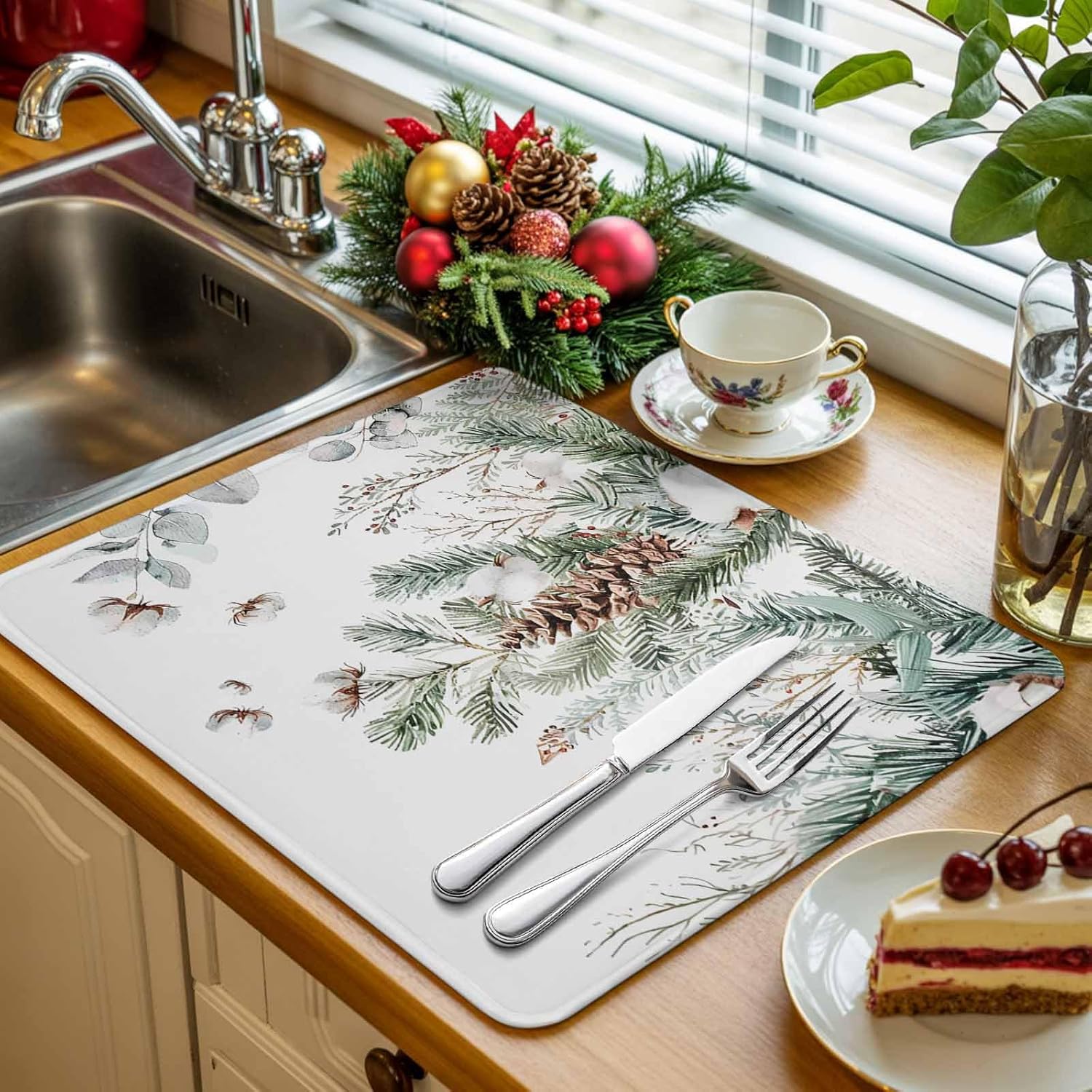 Xmas Pine Branch Eucalyptus on White Dish Drying Mats for Kitchen Counter,Absorbent Microfiber Dish Drainer Rack Mat Watercolor Leaves Drying Pad for Sinks,Utensils,Countertops,18x24in