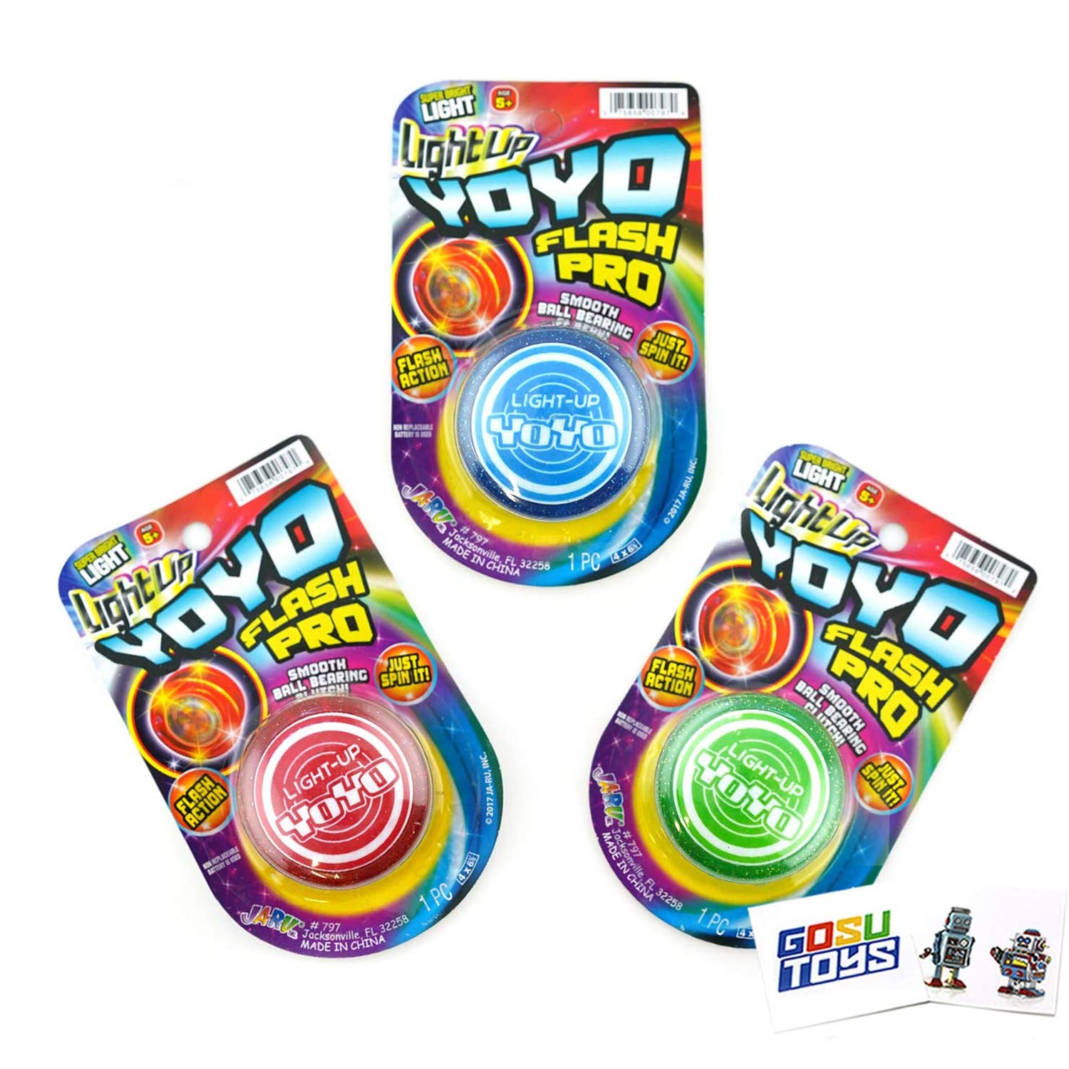 Light Up Yo Yo Flash Pro (3 Pack) Red, Blue, Green with 2 GosuToys Stickers