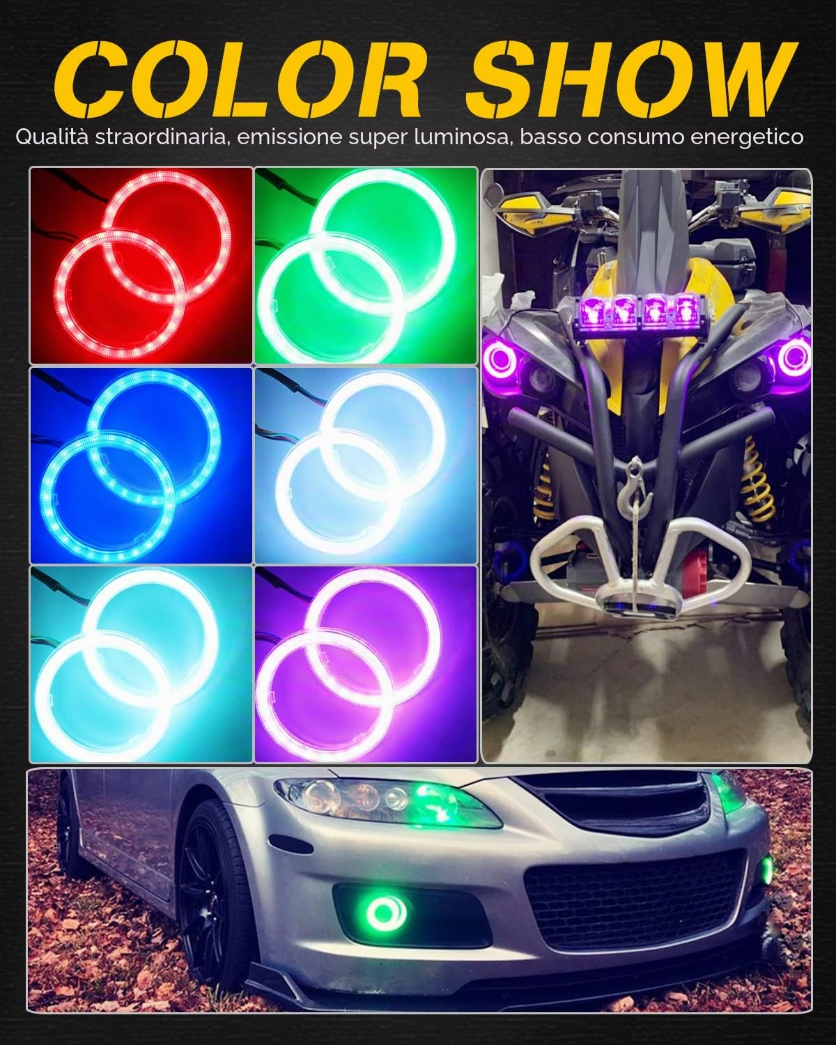 Qasim 1 paio da LED COB Fari Angel Eyes Halo Rings Anello Halo Occhi d'Angelo Universale per Auto da Moto DRL Spia Faro con Coperchio Controllo dell'APP mobile Bluetooth 12V DC 60MM 60SMD RGB