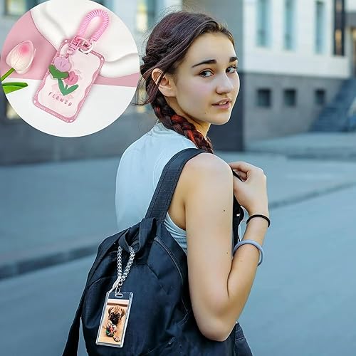 Miniatura 5 de RUNBFUUY - Llavero con soporte para tarjeta fotográfica Kpop de tulipán rosa, llaveros para fotos, llavero para tarjeta de identificación, tarjeta
