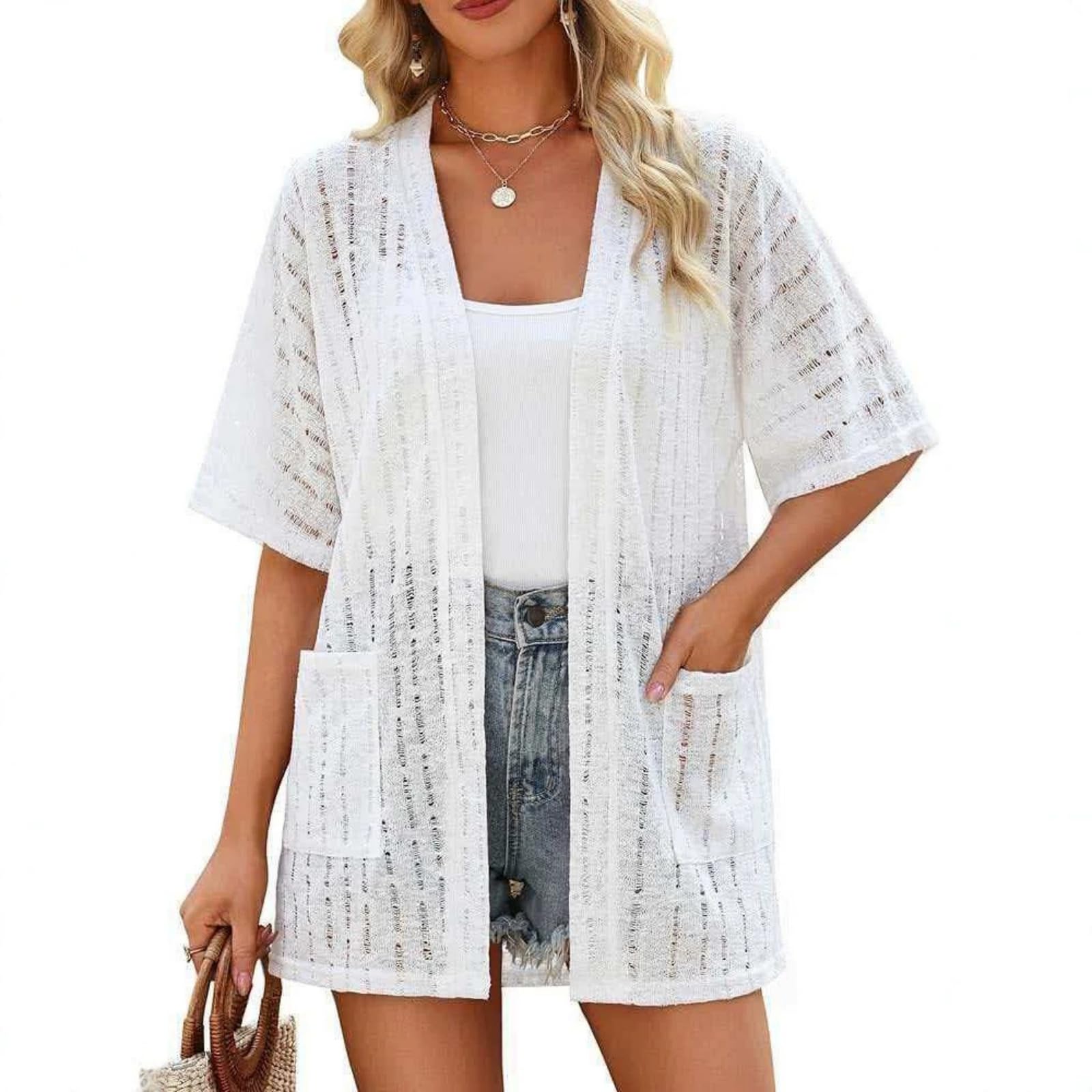 Kimono de Playa para Mujer: Prenda de Playa de Manga Corta, Abierta por Delante y con Bolsillos; Kimono de Verano Suave.