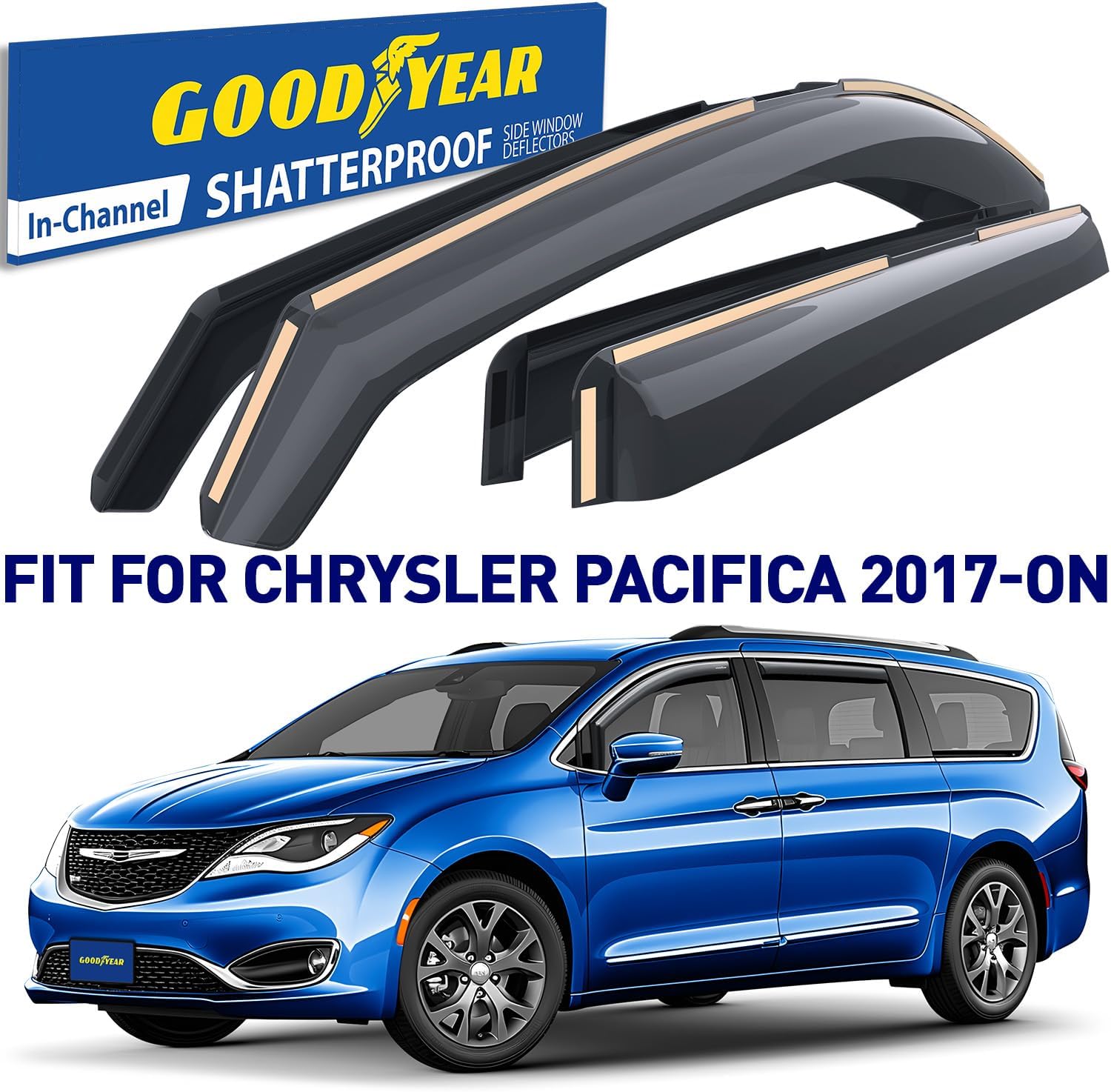 Goodyear Shatterproof in-Channel Window Deflectors for Chrysler Pacifica 2017-2026, Rain Guards, Window Visors for Cars, Vent Deflector, Car Accessories, 4 pcs - GY007974